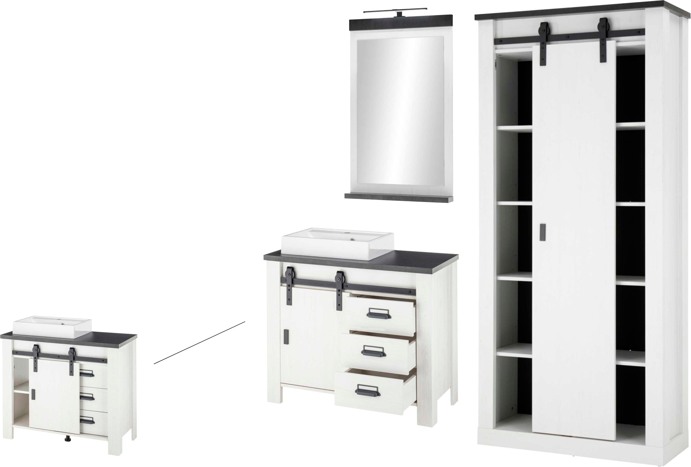 Home affaire Badmöbel-Set »SHERWOOD, Bad im modernen Design, 3-teiliges Badezimmer«, (3 St.), in 2 Farben verfügbar, Scheunentorbeschlag & Apothekergriff aus Metall