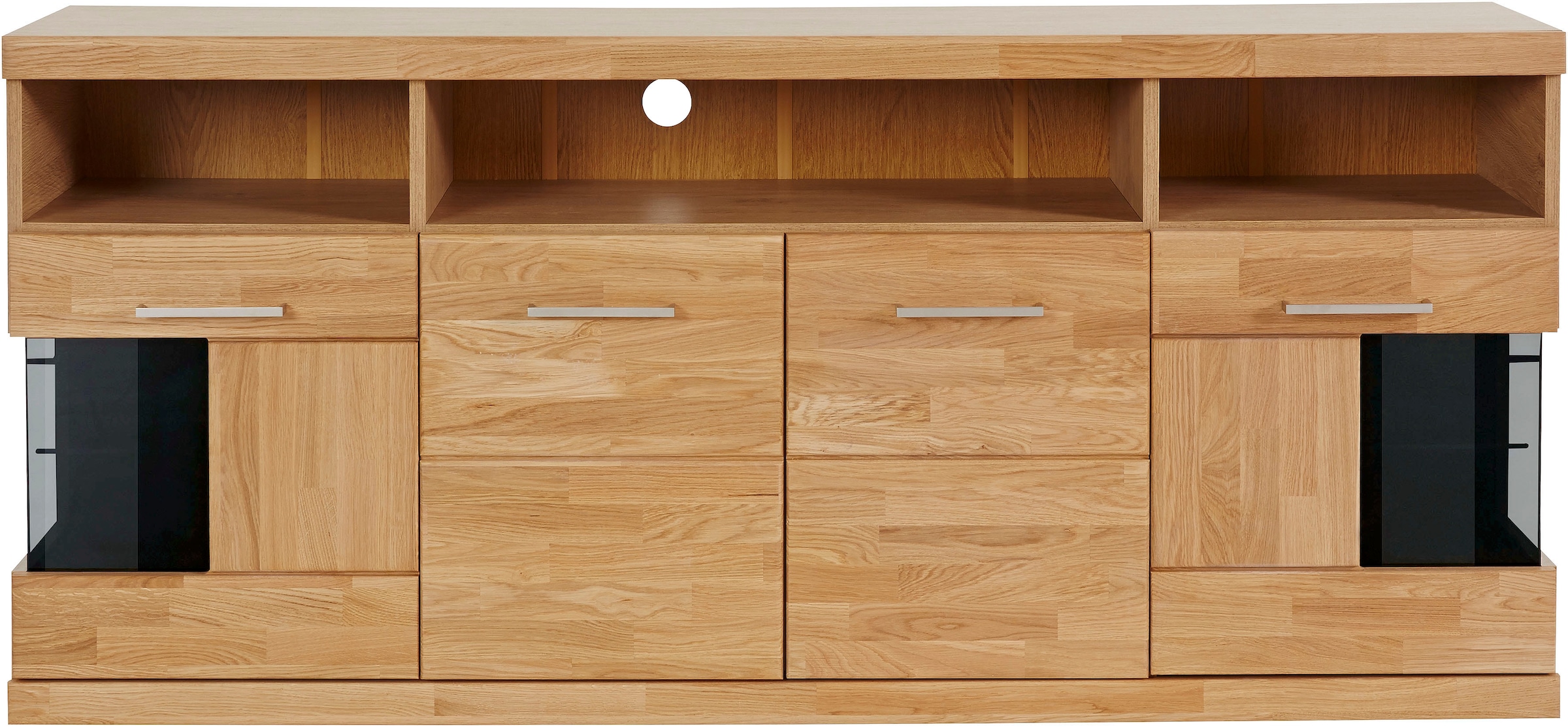Home affaire Sideboard »Ribe,180cm breit,Oberplatte aus Massivholz, 9 Fächer«, Holz massiv, Holzwerkstoff, Metall Griffe,2Türen mit Glaseinsatz