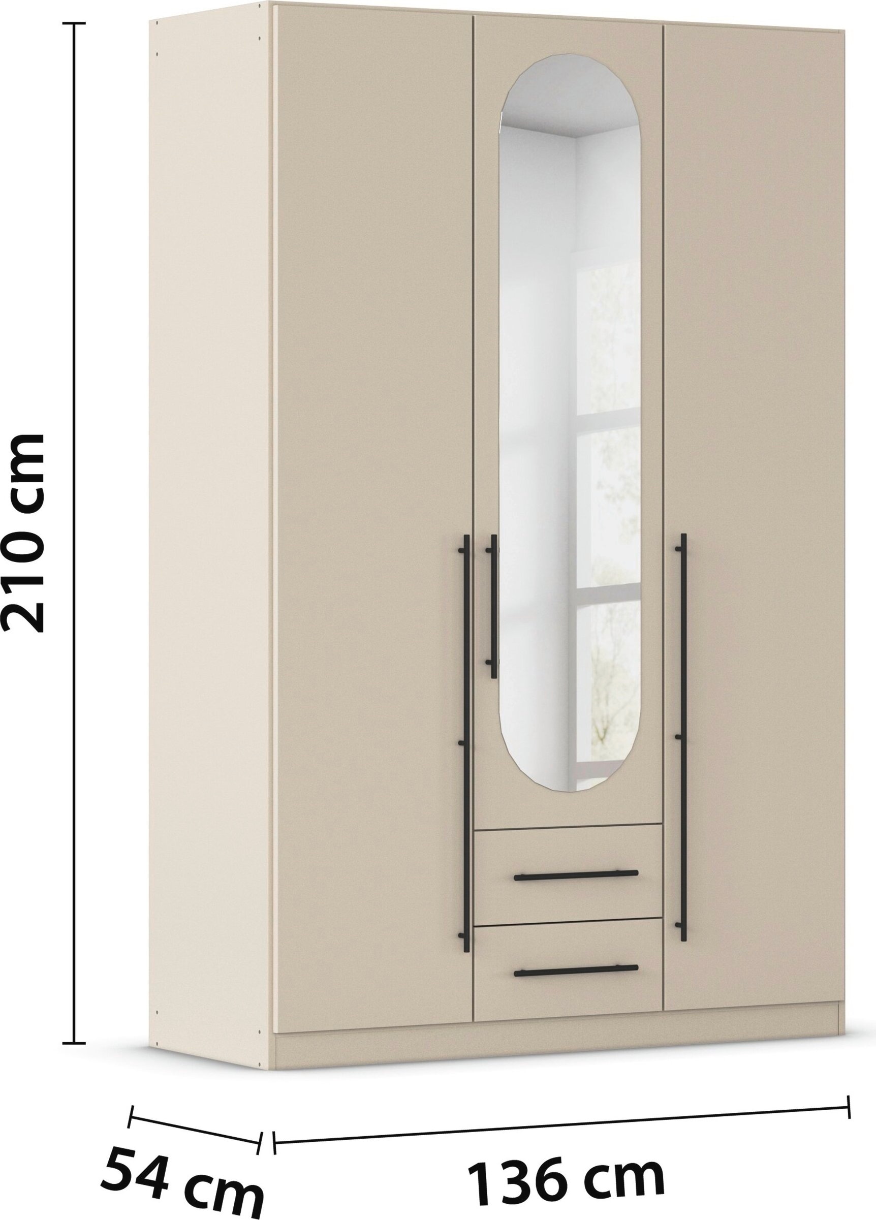OTTO home Kleiderschrank »Schlafzimmer Schrank Garderobe RONDO Breiten 136/181/226/271 cm« 3 verschiedene Ausstattungen BASIC/CLASSIC/PREMIUM (inkl. SOFT-CLOSE),  elegante ovale Spiegelelemente Metallgriffe in Schwarz MADE IN GERMANY