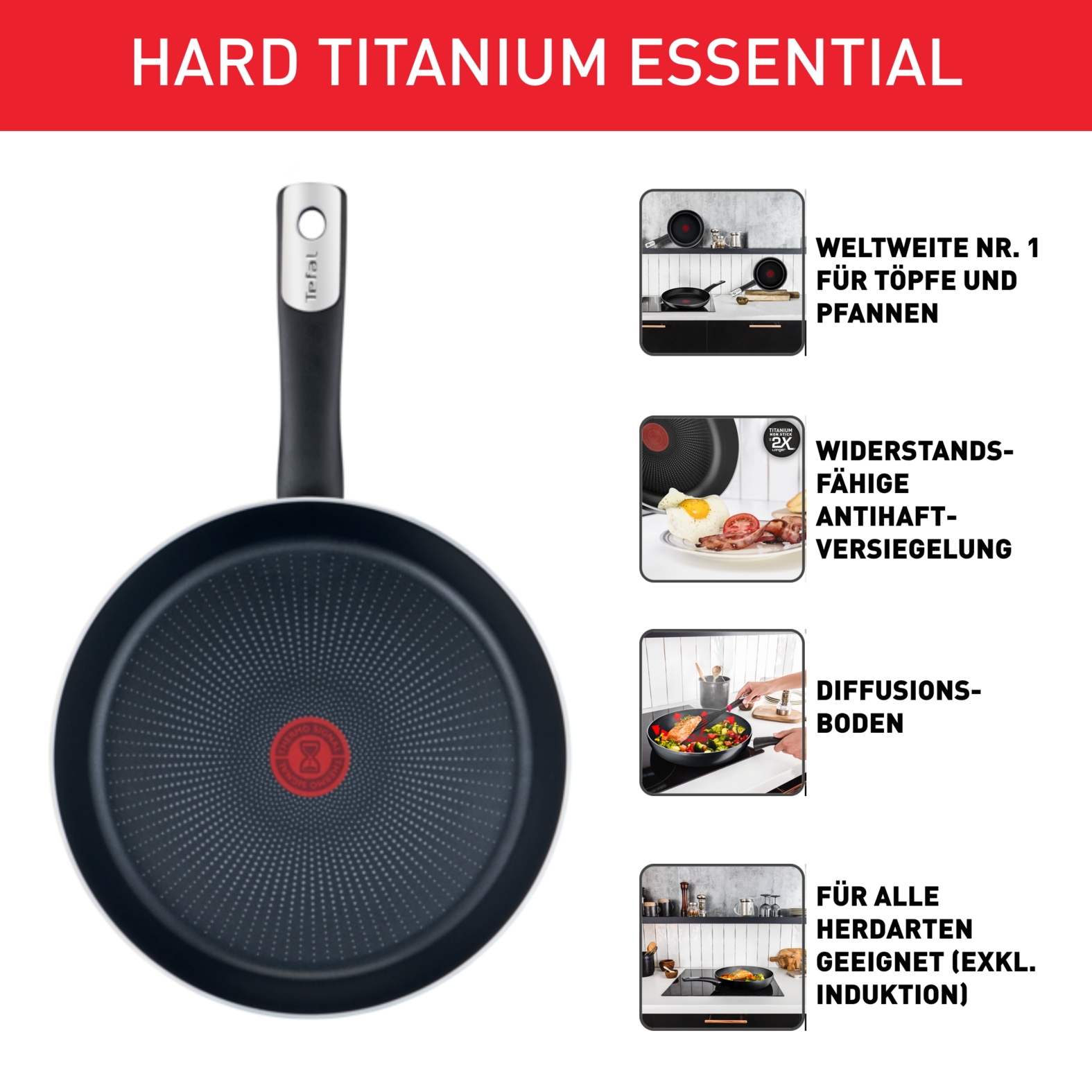 Tefal Bratpfanne »Hard Titanium Essential, Titanium Antihaftversiegelung« Aluminium 1 Stk. tlg. kompatibel Gas-/Elektro-/Keramikherden, nicht induktionsgeeignet