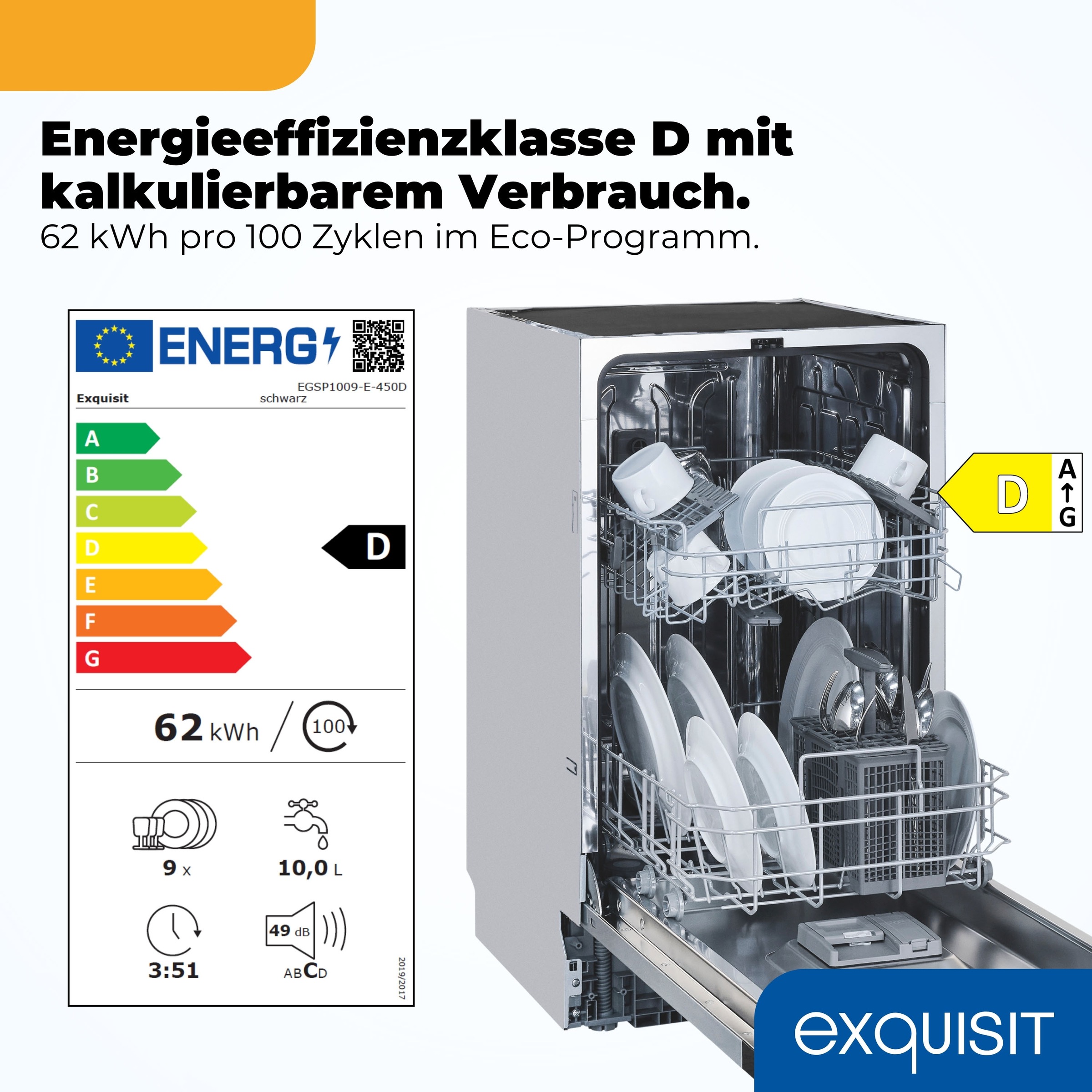 exquisit vollintegrierbarer Geschirrspüler 1009 »EGSP1009-E-450D schwarz« 10 l 9 tlg. Maßgedecke 9 Maßgedecke & flüsterleise 49 dB – stark und angenehm ruhig