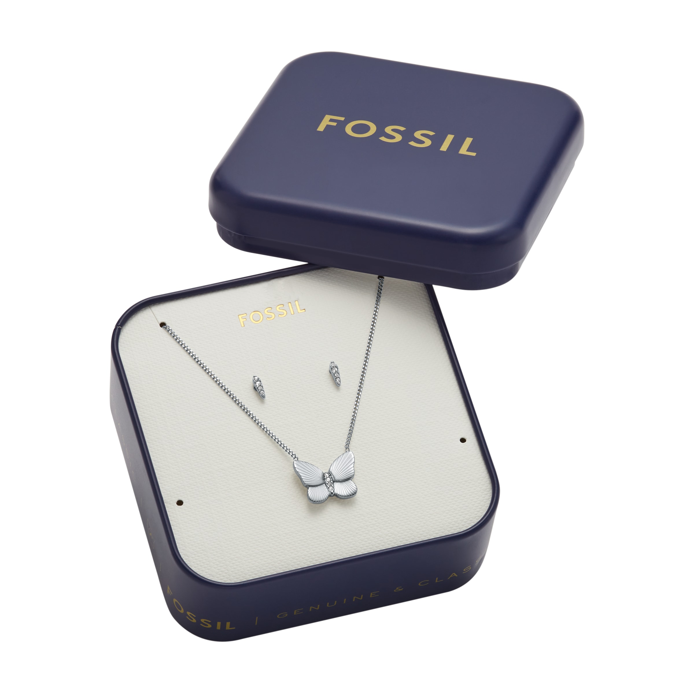Fossil Ohrring und Ketten Set »Multipack Schmuck Geschenk Edelstahl SUTTON Schmetterling« (Set, 3 Stk. tlg.)  mit Glasstein