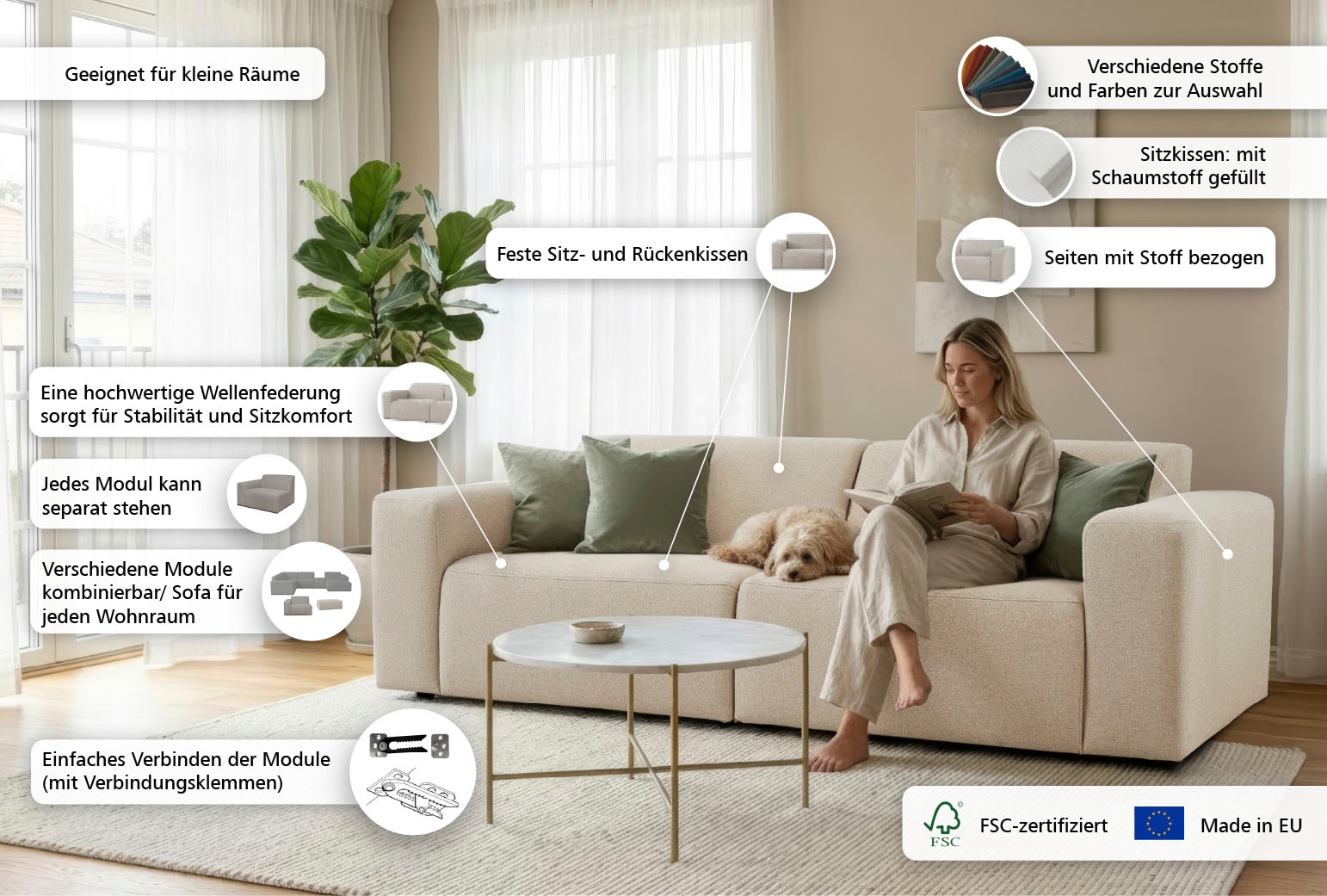 OTTO home 3-Sitzer »Koa, 228 cm, Modulsofa in Cord, Chenille, Struktur, Webstoff« Designsofa, weicher Lounge-Sitzkomfort, Welleunterfederung, bodentief