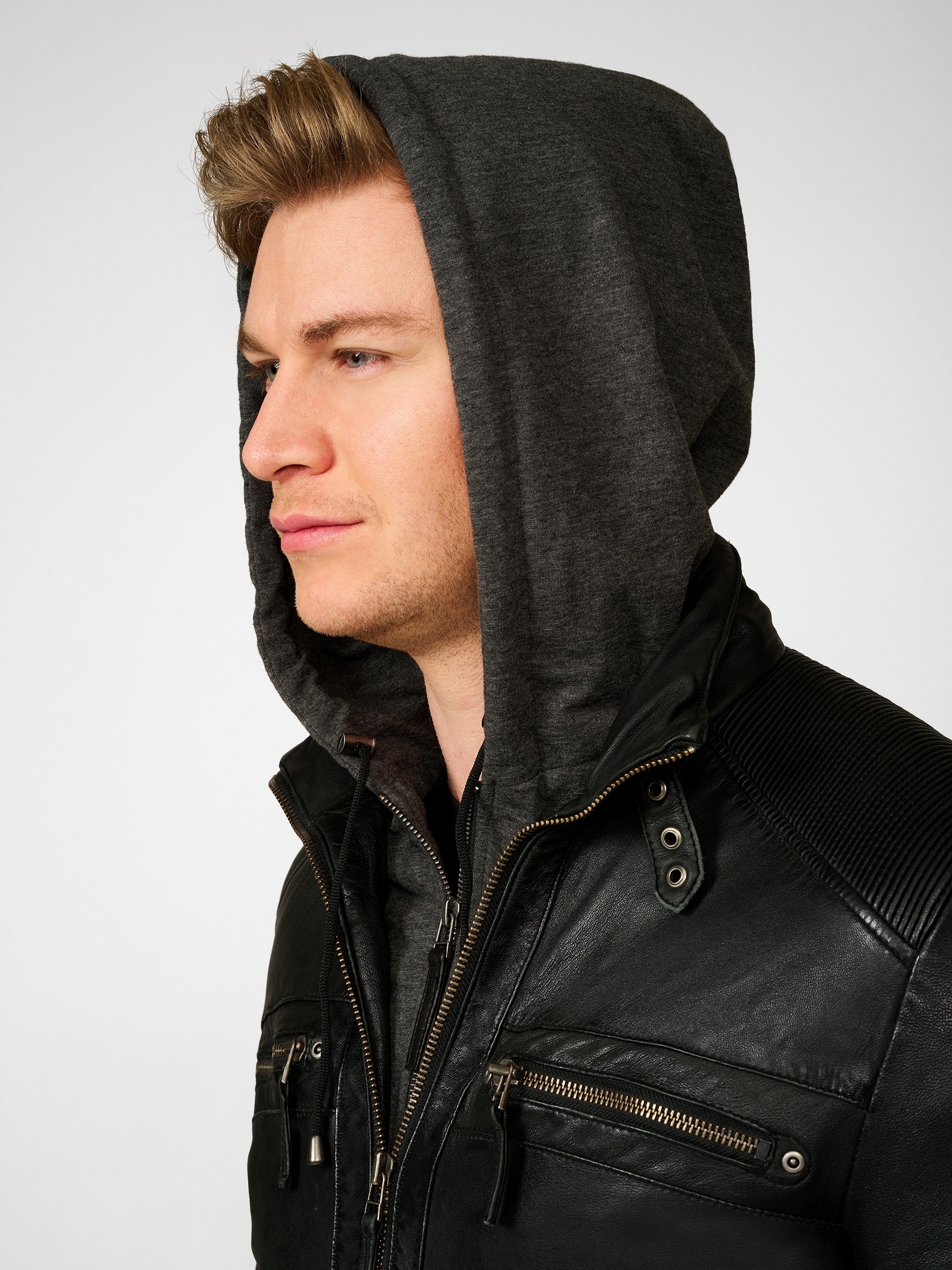 RICANO Bikerjacke »Lederjacke Nate« Abnehmbare Kapuze Handgefertigt aus echtem Leder