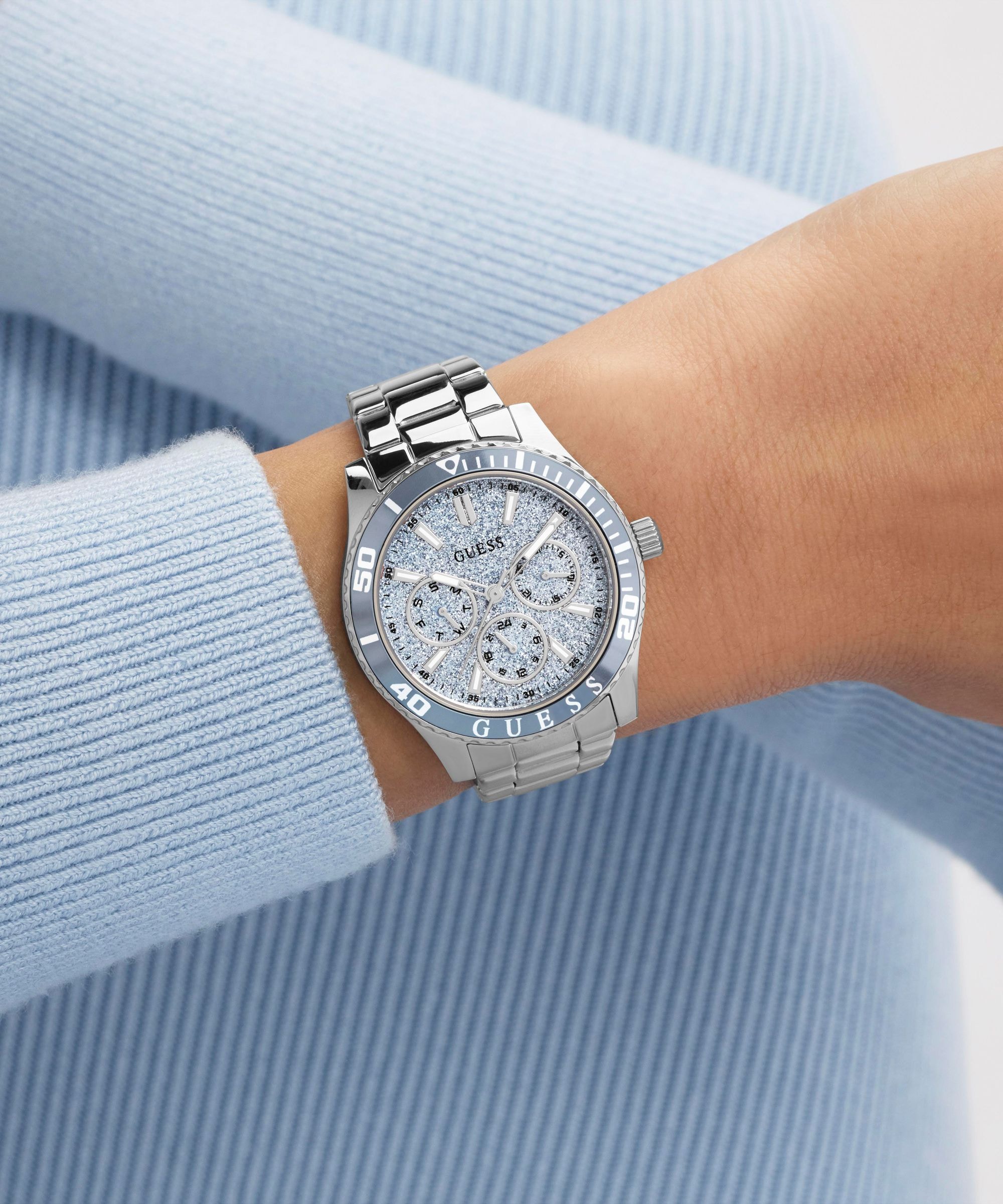 Guess Multifunktionsuhr »MARIANA« Quarzuhr, Armbanduhr, Damenuhr, Edelstahlarmband, analog, Wochentag