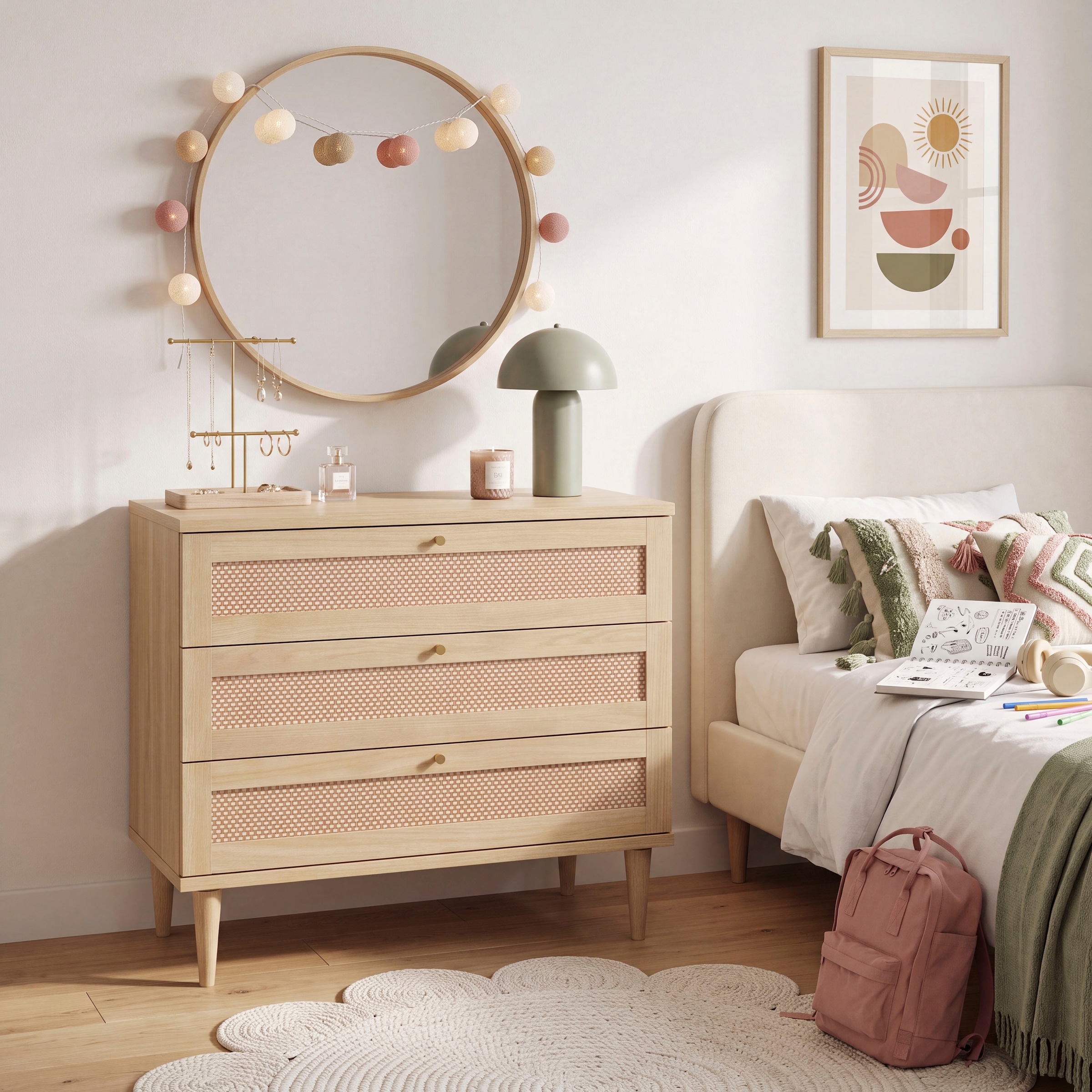OTTO home Kommode »ELLIAN mit Geflechtoptik warmes Holzdekor, 3 Schubkästen« Holzfüße, Metallgriffe, Made in EU, viel Stauraum