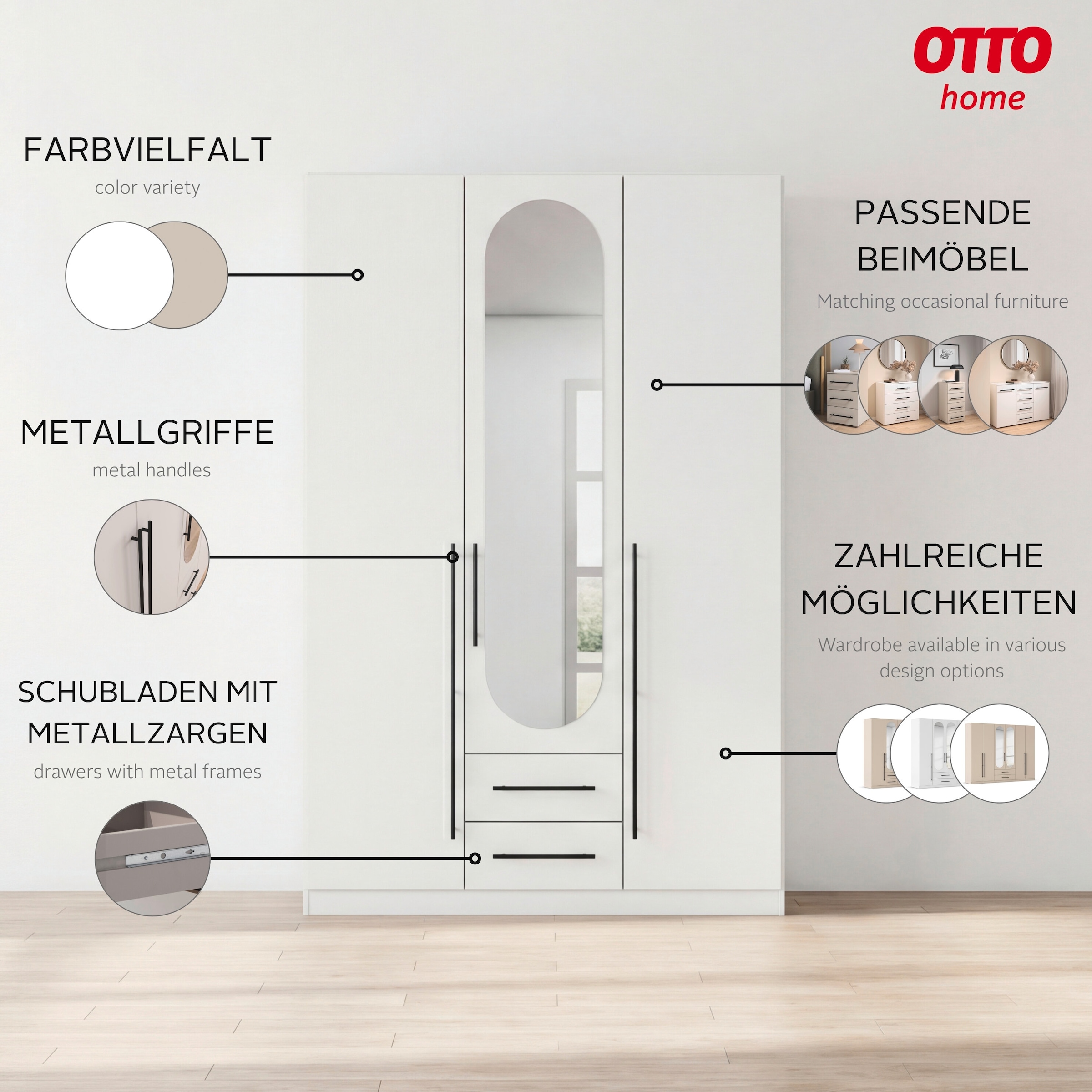 OTTO home Kleiderschrank »Schlafzimmer Schrank Garderobe RONDO Breiten 136/181/226/271 cm« 3 verschiedene Ausstattungen BASIC/CLASSIC/PREMIUM (inkl. SOFT-CLOSE),  elegante ovale Spiegelelemente Metallgriffe in Schwarz MADE IN GERMANY