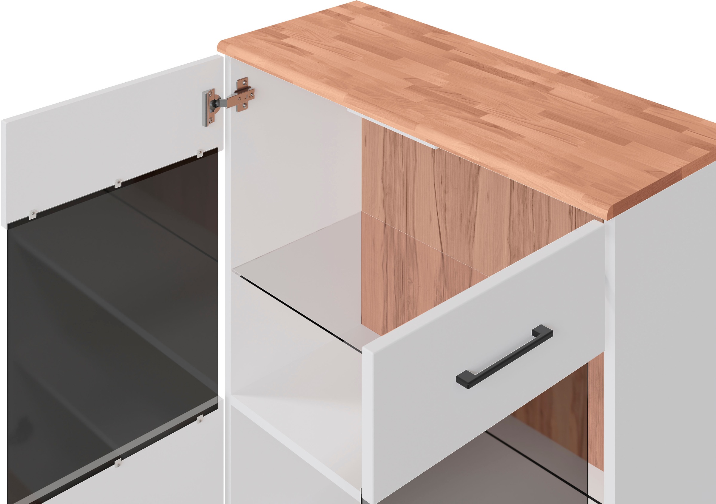 Home affaire Stauraumvitrine »Ribe,125cm hoch,112cm breit,4 breite Fächer«, Oberplatte Kernbuche massiv,dunkles Glas, schwarze Metall Griffe