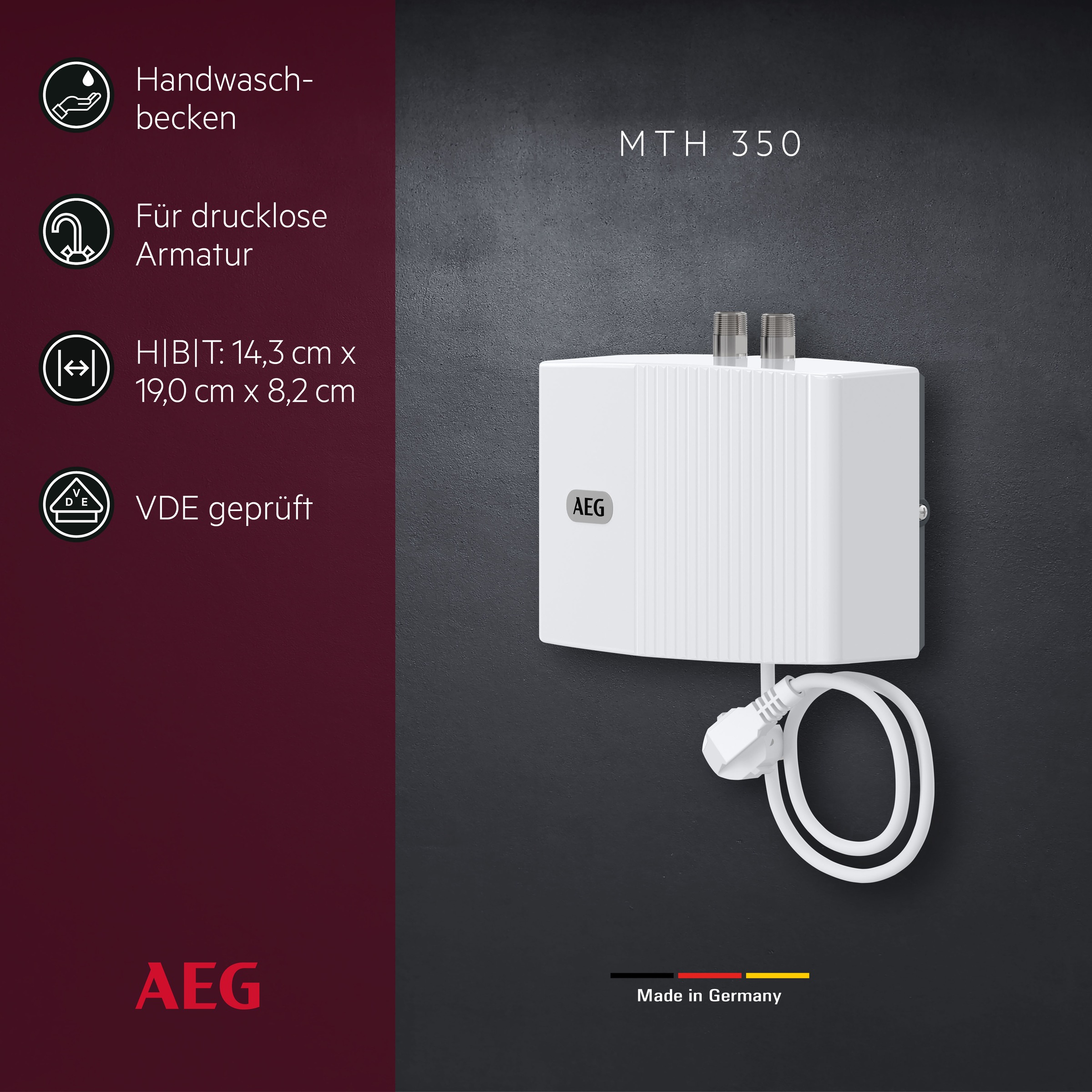 AEG Haustechnik Klein-Durchlauferhitzer »MTH 350 f. Handwaschbecken, 3,5 kW, m. Stecker« 230V, hydraulisch, drucklos