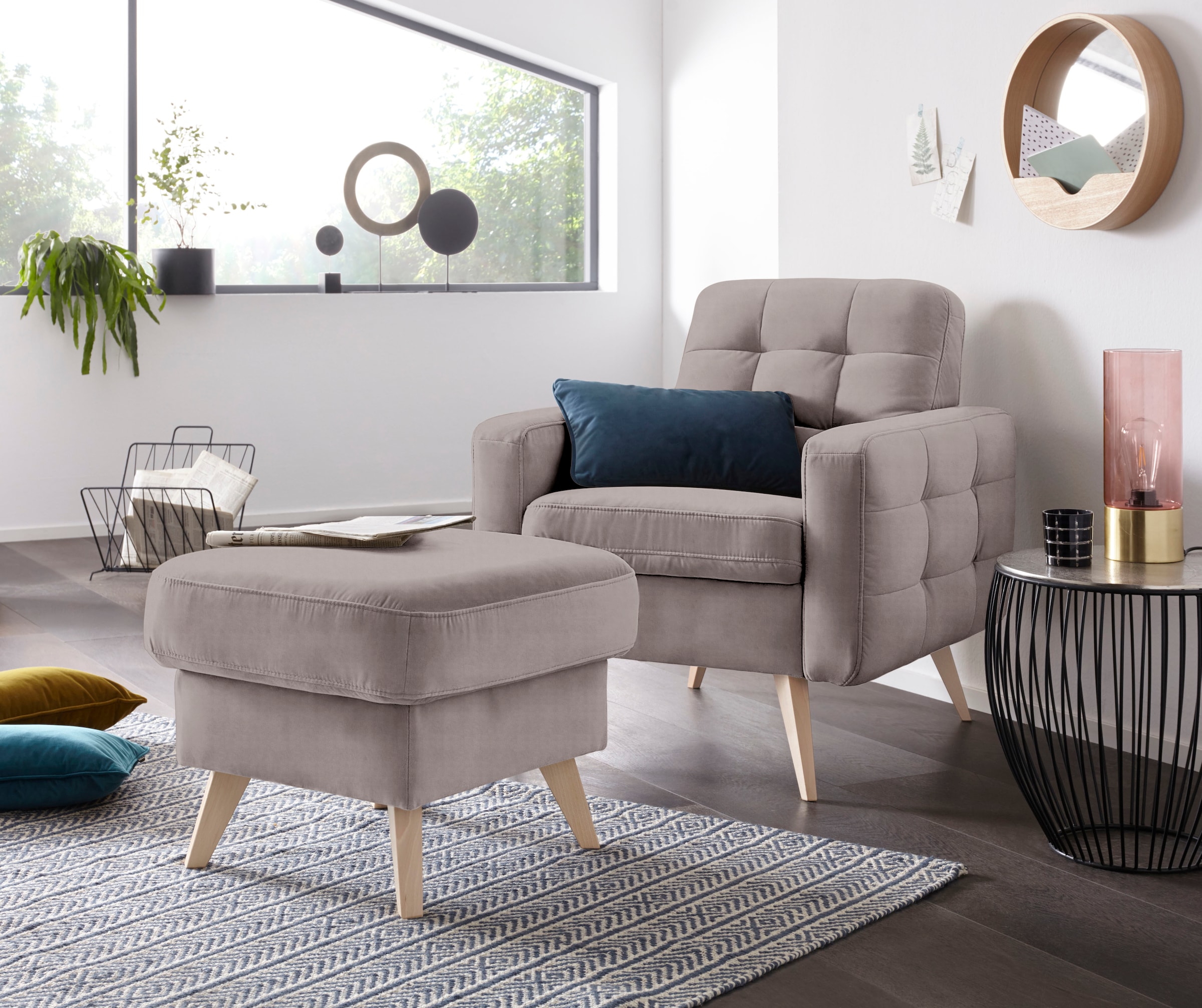 exxpo - sofa fashion Sessel »Nappa, Loungesessel, aktuelle Rückensteppung, bequem und modern« hoher Holzfuß