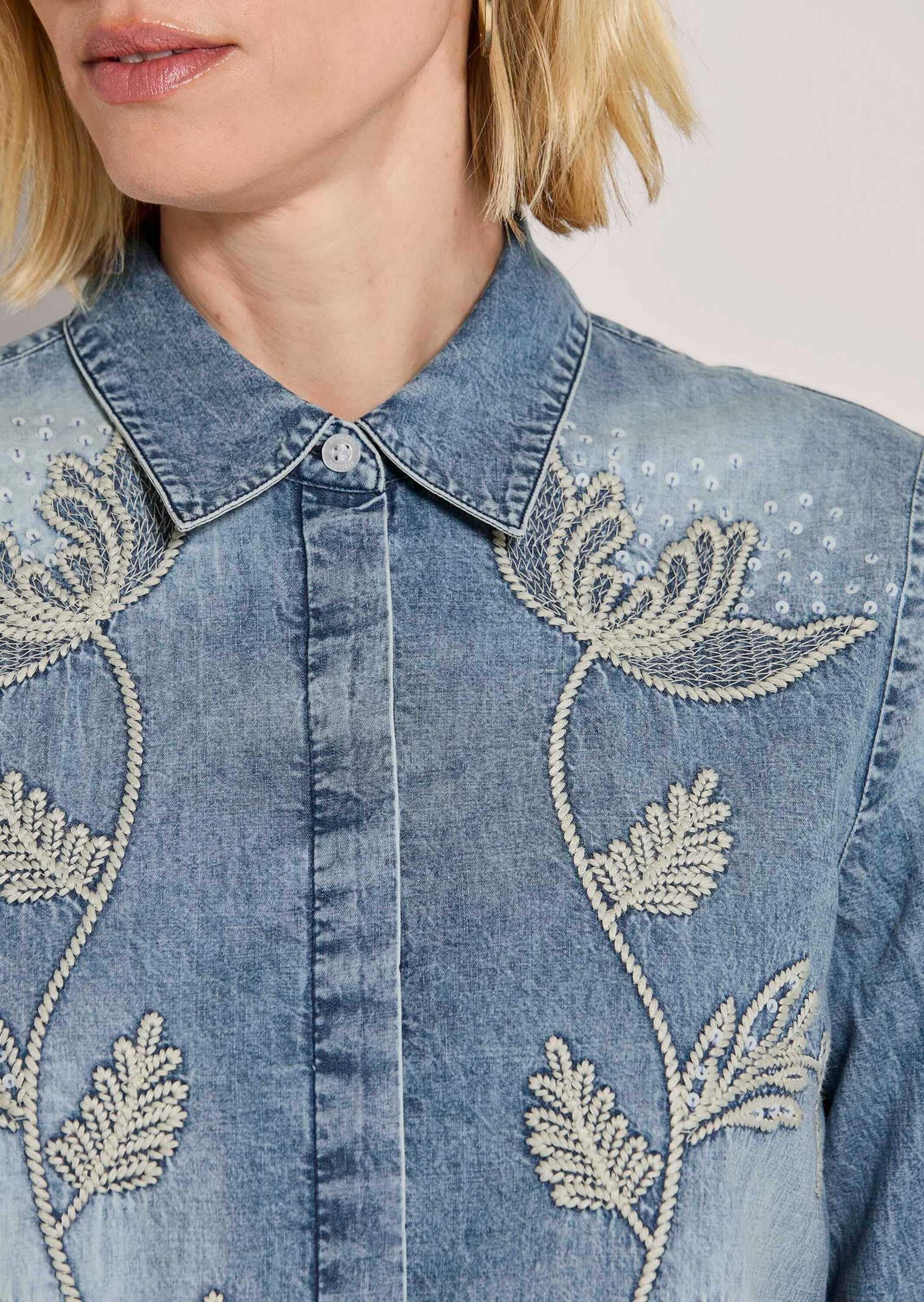 MADELEINE Hemdbluse »Bluse Jeansbluse mit floraler Stickerei«