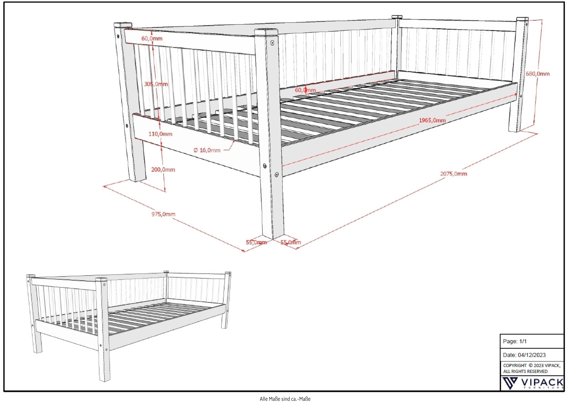 Home affaire Daybett »Forrest 90/200 aus massiver Eiche, Oberfläche geölt, stabil gebaut«, (B/H/T ca. 207,5x68x97,5cm, inkl. Massivholz Rolllattenrost), mit Sprossenumrandung, Rausfallschutz vorne, ohne o. mit Bettschublade