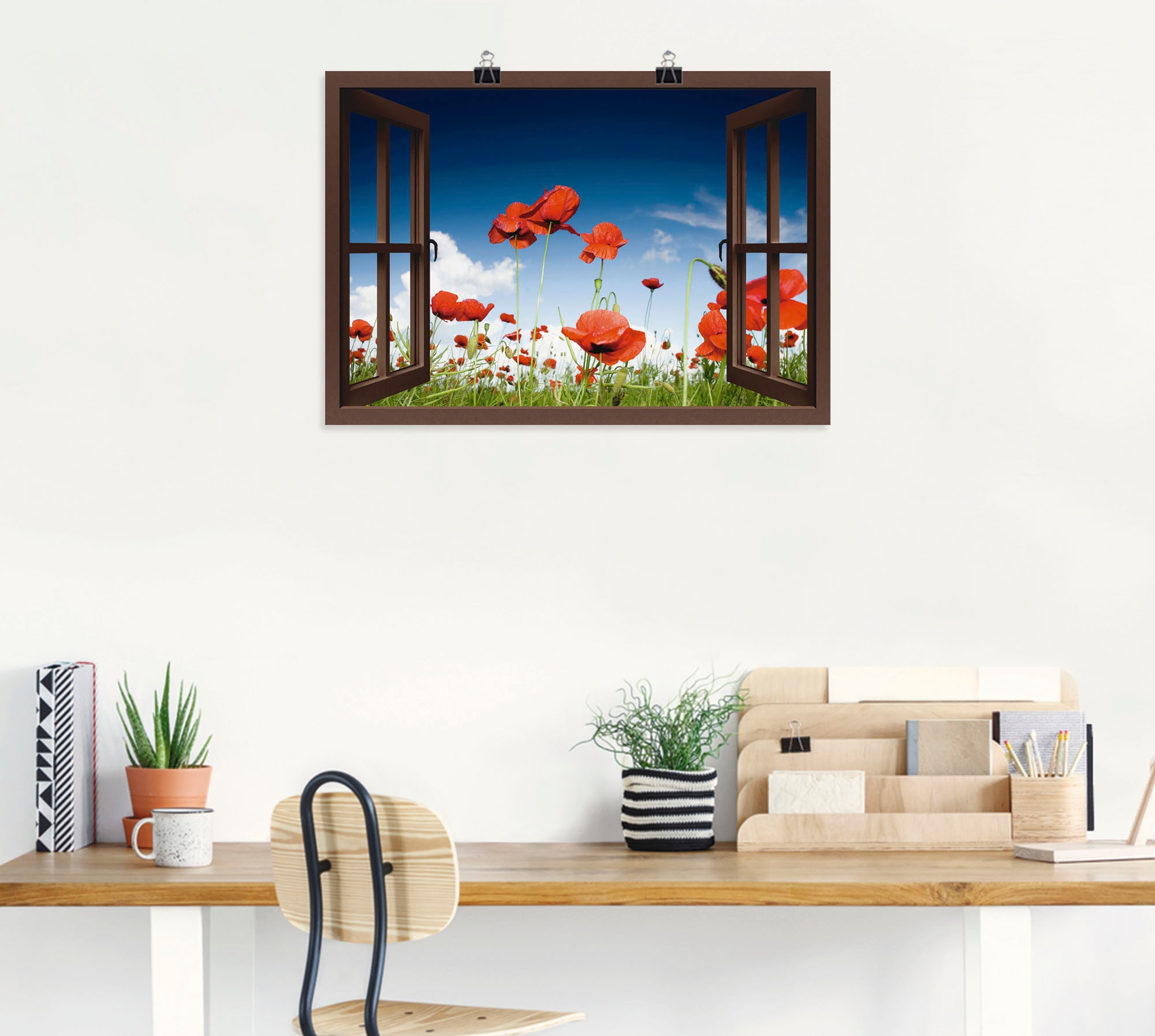 Artland Poster »Fensterblick Feld mit Mohnblumen, braun«, Fensterblick, (1 St.), als Leinwandbild, Wandaufkleber oder Poster in versch. Größen