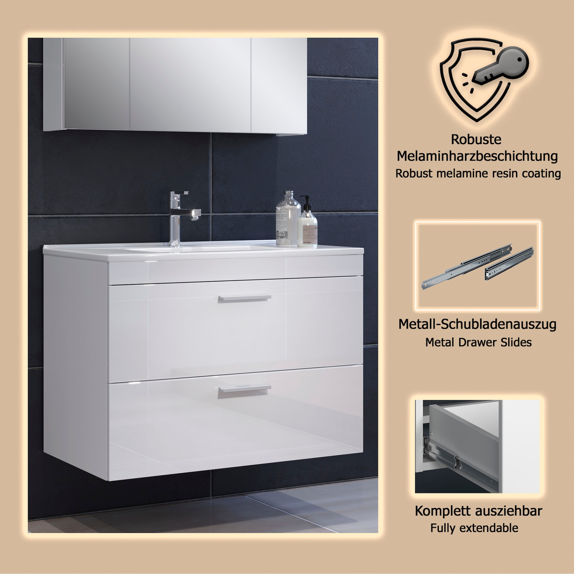 welltime Waschbeckenunterschrank »Dormoletto« Hänge-Waschbeckenunterschrank m. Becken - (B/T/H) 81/47/59 cm