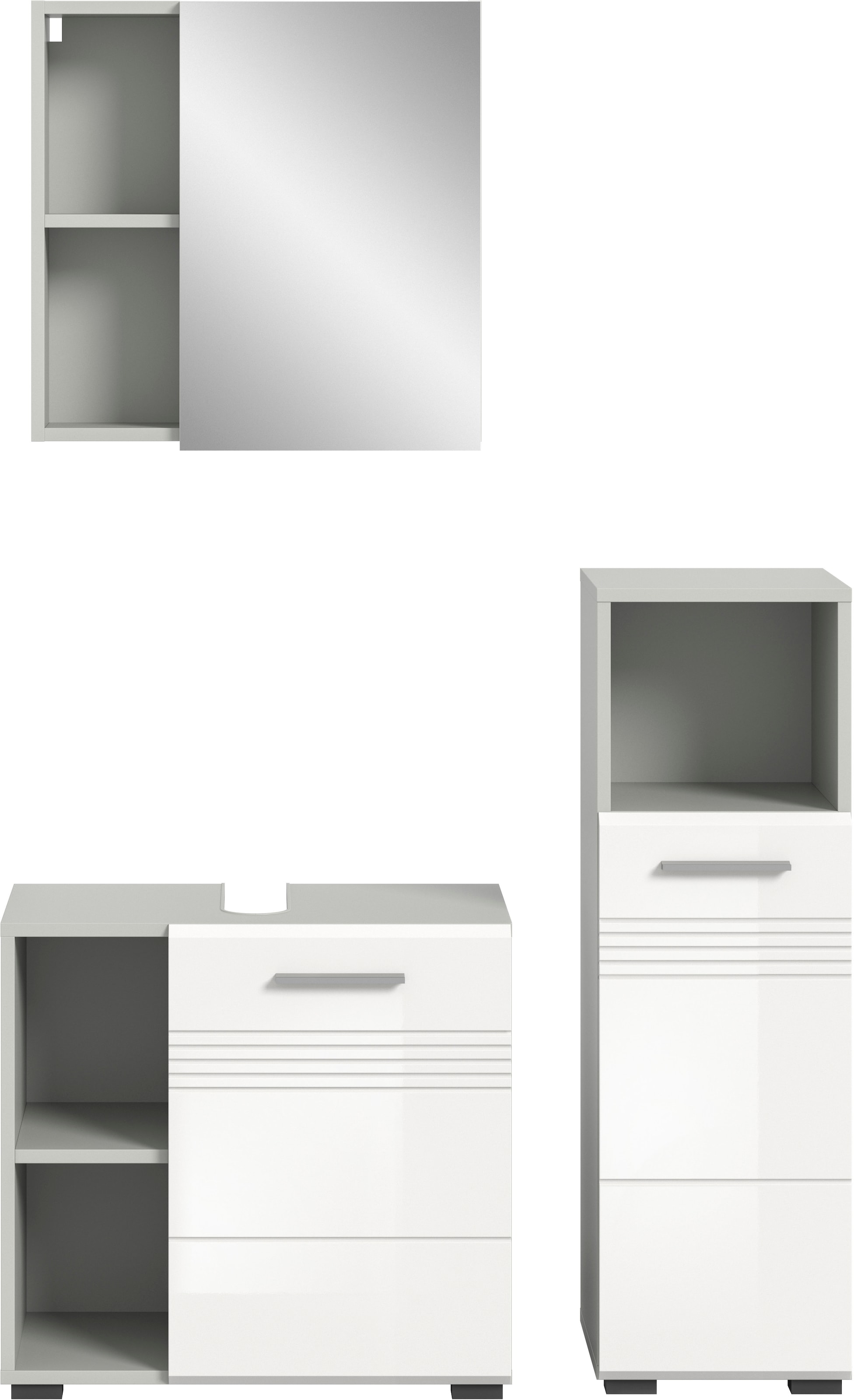 welltime Badmöbel-Set »Calicio, bestehend aus: Waschbeckenunterschrank, Spiegelschrank«, (3 St.), Unterschrank, hochwertige MDF Front mit Rillenfräsung