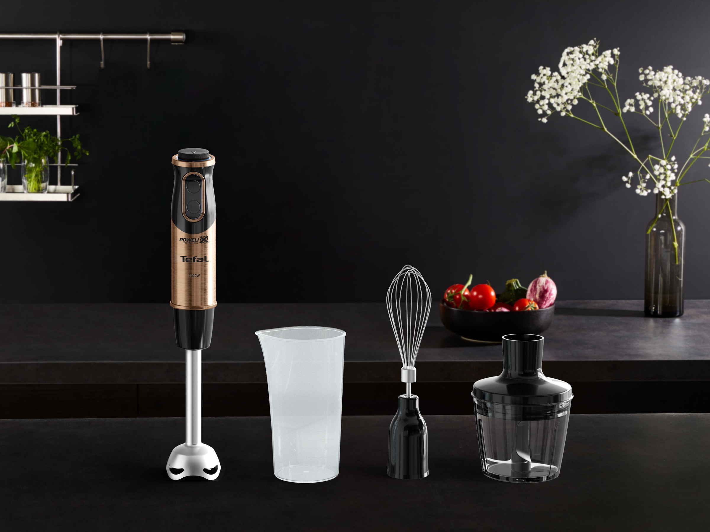 Tefal Stabmixer »HB656G Quickchef 3-in-1«, 1000 W, 20 Geschwindigkeiten, Anti-Spritzschutz, inkl. Zubehör
