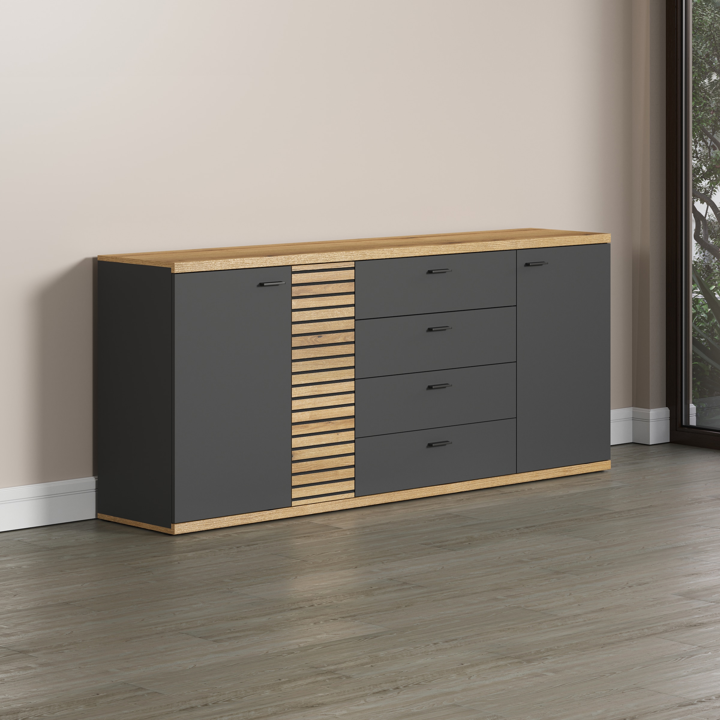 INOSIGN Sideboard »Galway«, Kommode mit angesagter Rillenoptik und Soft-Close - 186/42/85 cm