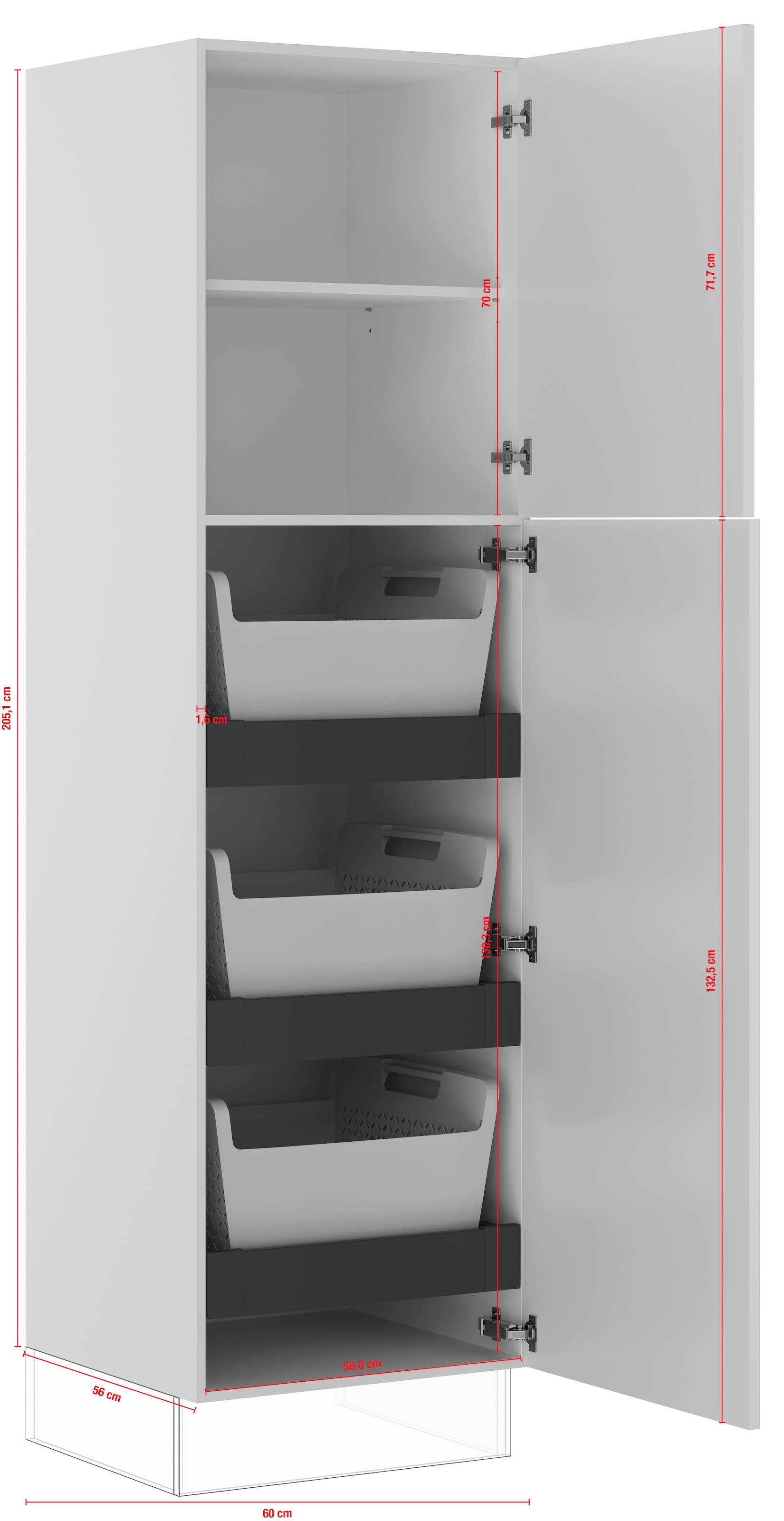 IMPULS KÜCHEN Wäscheschrank »"Valencia", Breite/Höhe: 60/205,1 cm, mit Wäschekörben, mit Drehtüren«, vormontiert, mit Innenschubkästen, mit verstellbarem Fachboden
