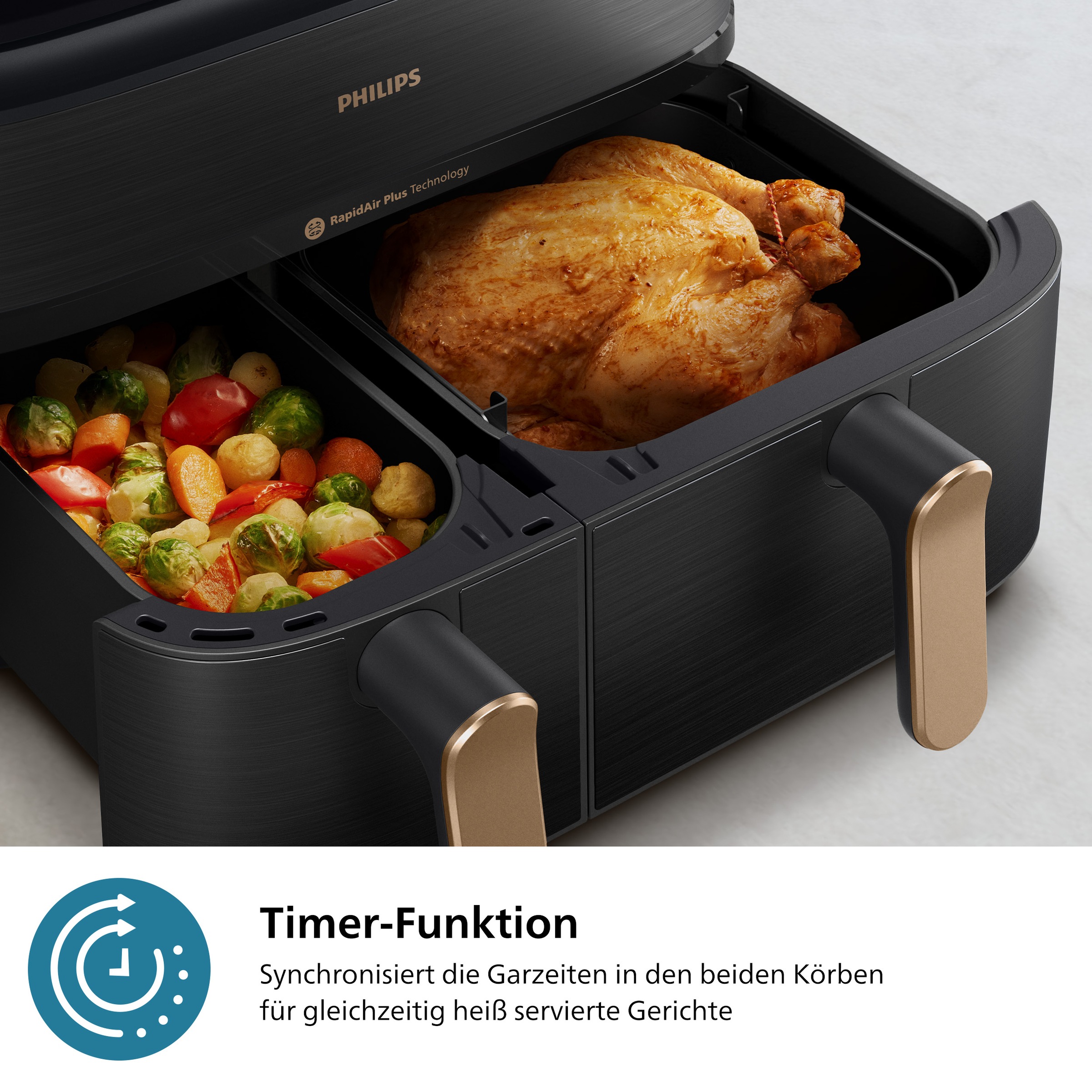 Philips Heißluftfritteuse »NA552/00 Steam Airfryer 5000 Series Dual Basket 9L Kapazität (3L+6L)«, 2750 W, mit Dampfgar-Funktion; Schwarz/Kupfer