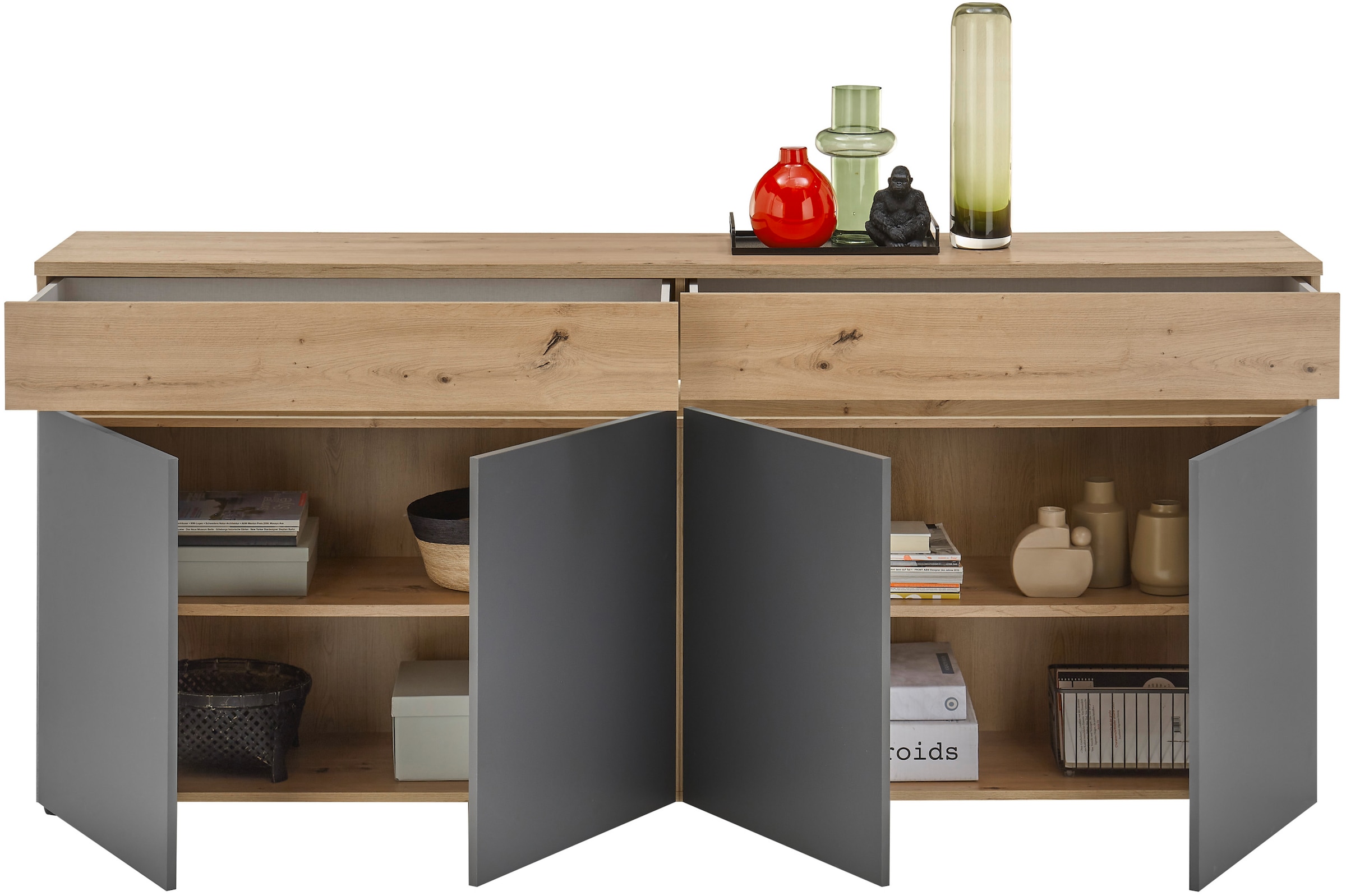 HBZ Sideboard »Lille inkl. LED-Beleuchtung, BxHxT 200x86x38 cm«, (1 St.), Mit 4 Türen, 2 Schubkästen, 2 Einlegeböden