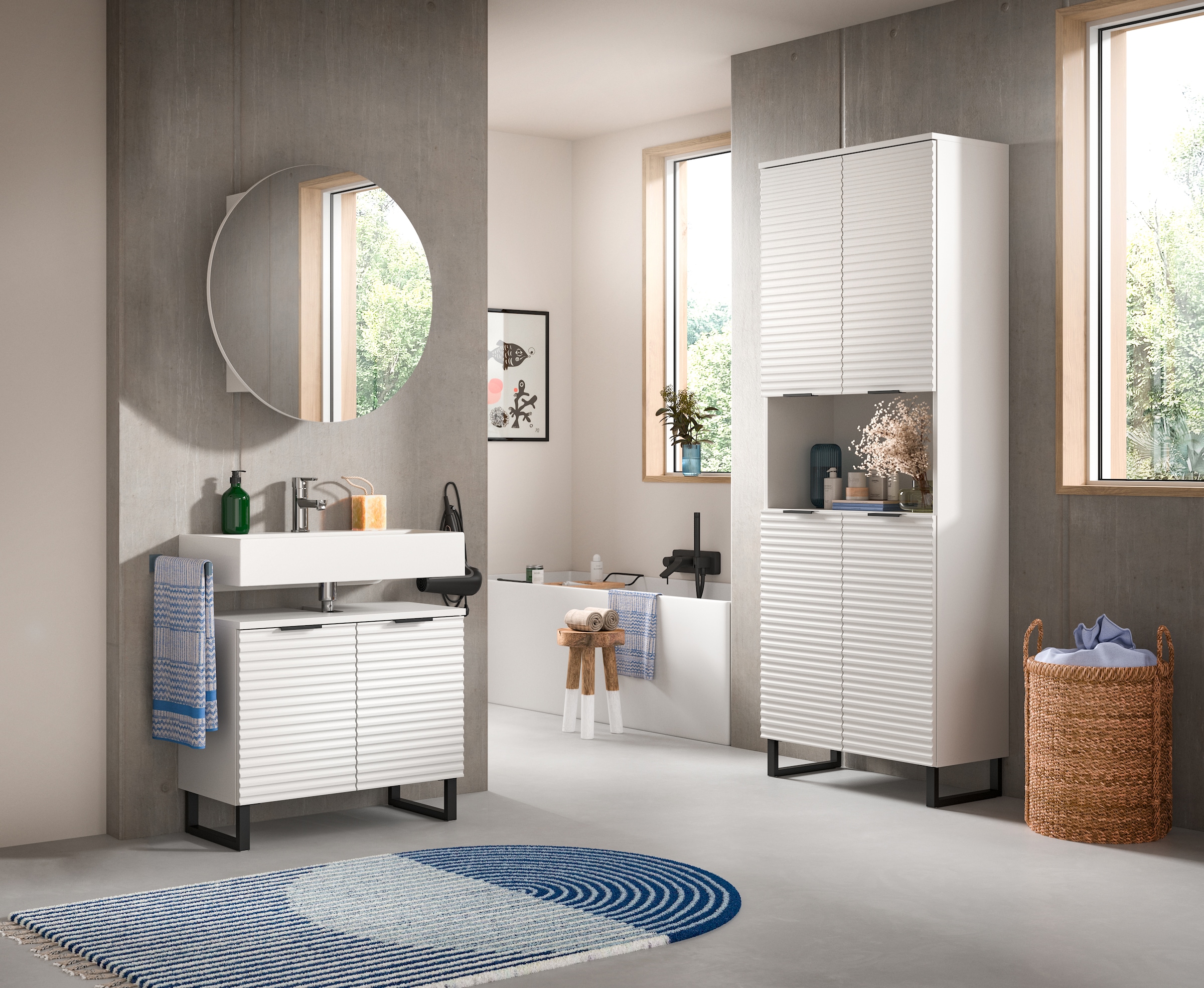 welltime Badmöbel-Set »Litica, Breite 155 cm, hochwertige Rillenfräsung, Metallkufen«, (3 St.), best. aus.: Waschbeckenunterschrank, Spiegelschrank, Hochschrank
