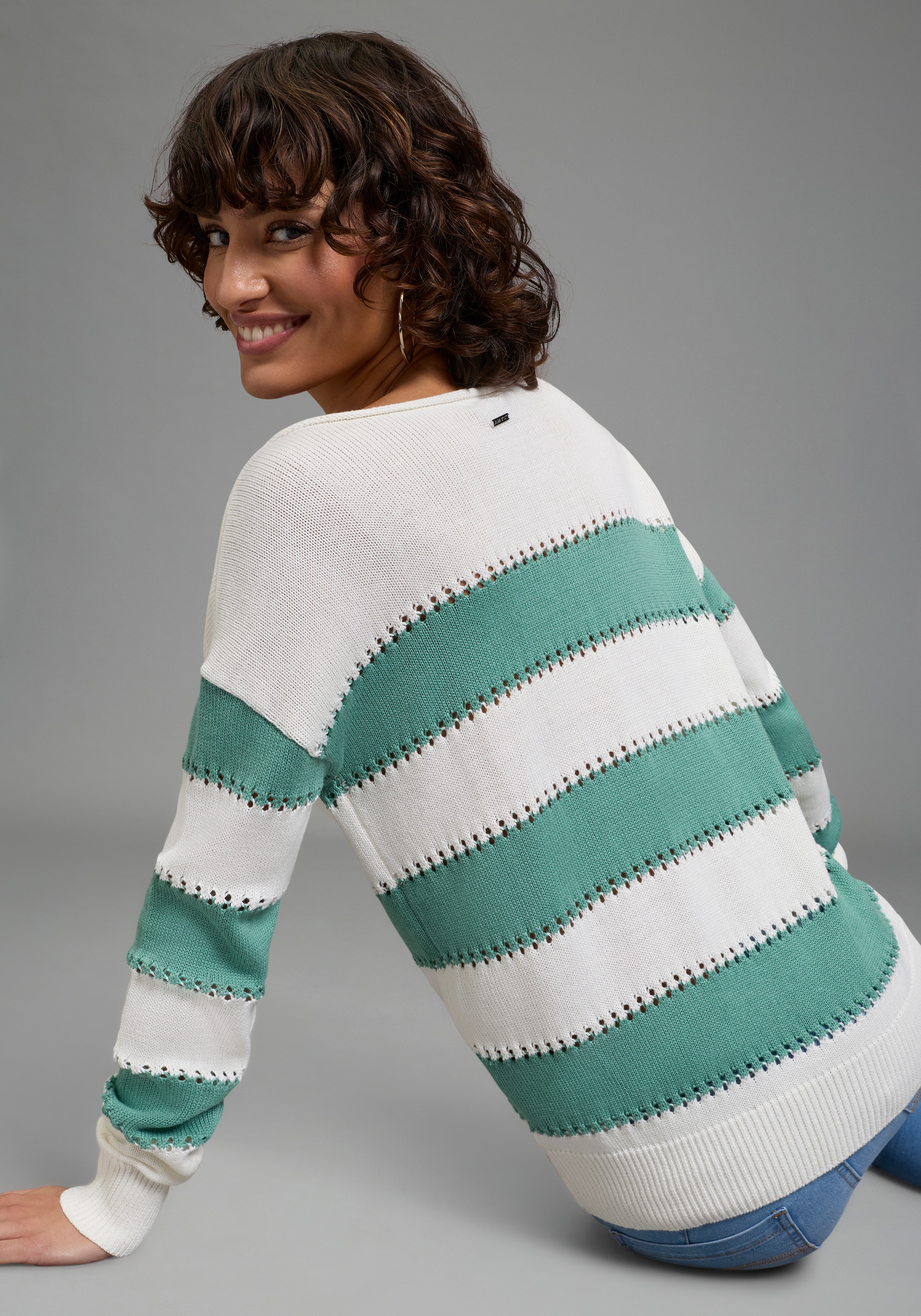 Laura Scott Streifenpullover leichter Sommerpullover mit modernem Lochmuster