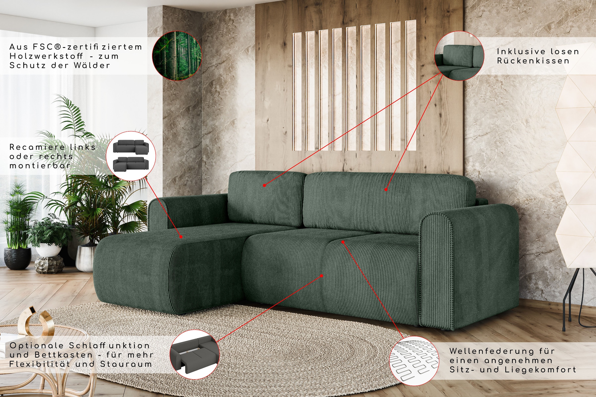 INOSIGN Ecksofa »Zacharia wahlweise Schlafsofa mit Bettkasten, B/T/H 250/166/86 cm«, L-Form mit Wellenunterfederung, Recamiere beidseitig montierbar