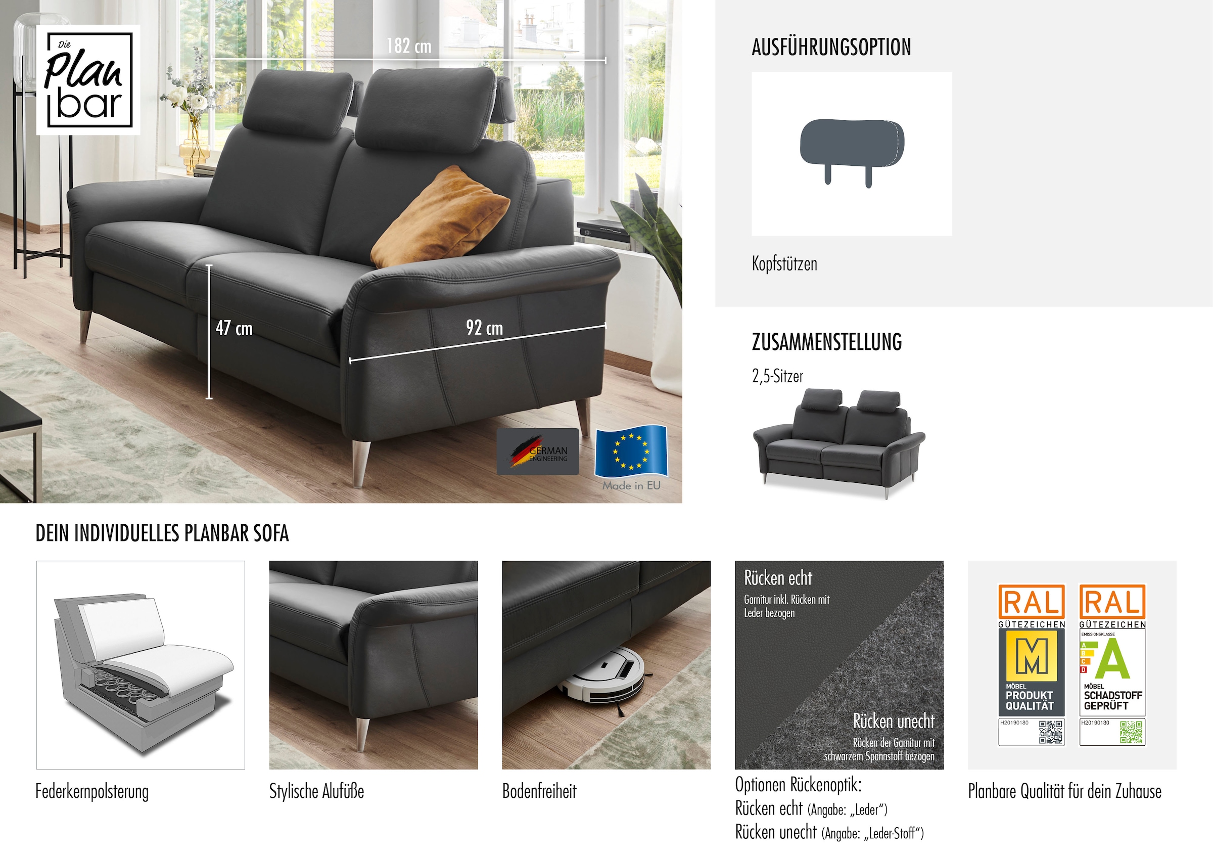 Die PlanBar 2,5-Sitzer »PN-EM23187 mit Kopfstützen«, (Breite 182 cm), Federkernpolsterung, Bezug aus Leder