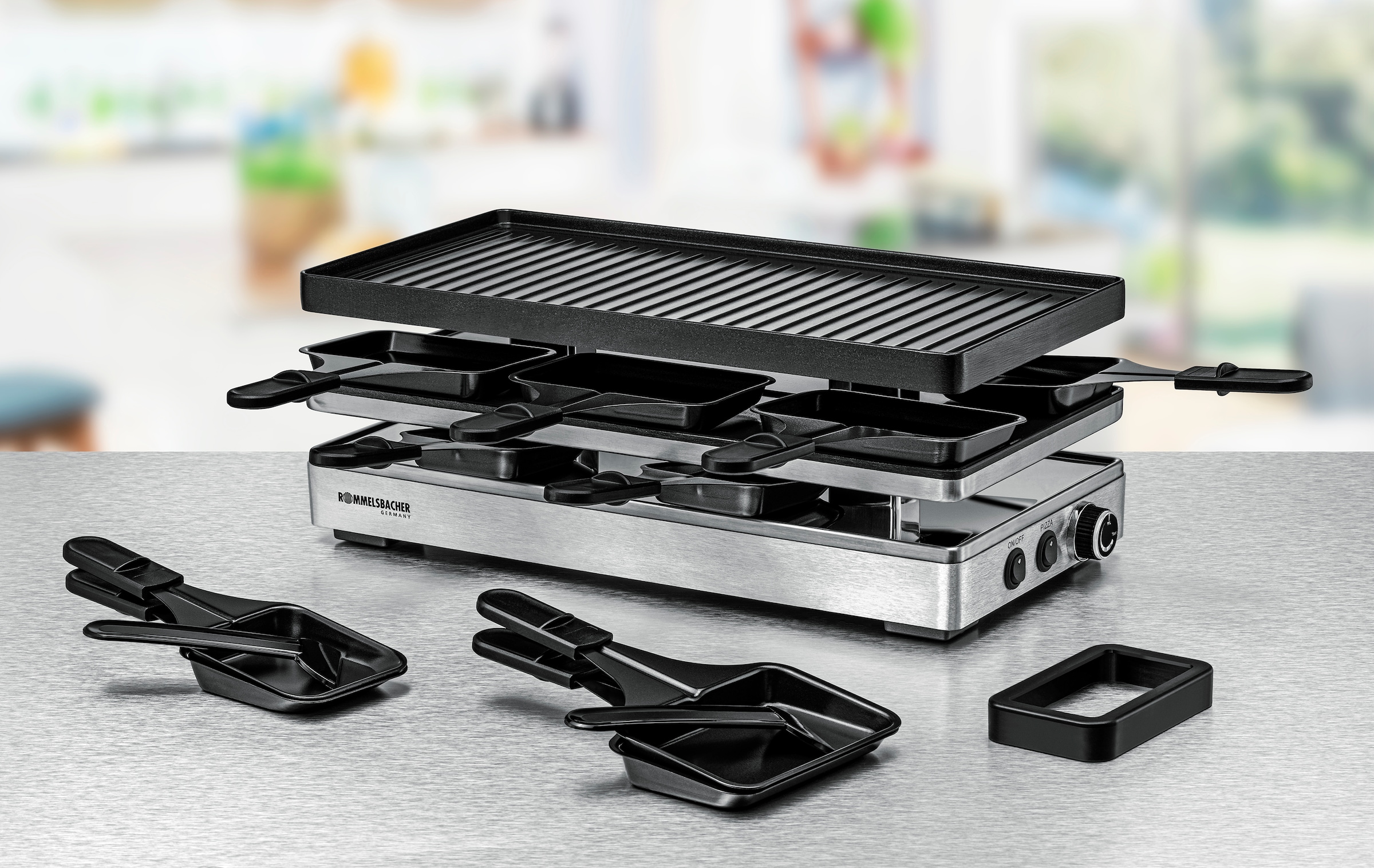 Rommelsbacher Raclette »RCP 1800« 14 Stk. Raclettepfännchen 1.800 W Pizza-Ebene mit zusätzlicher Heizung für knusprigen Teigboden