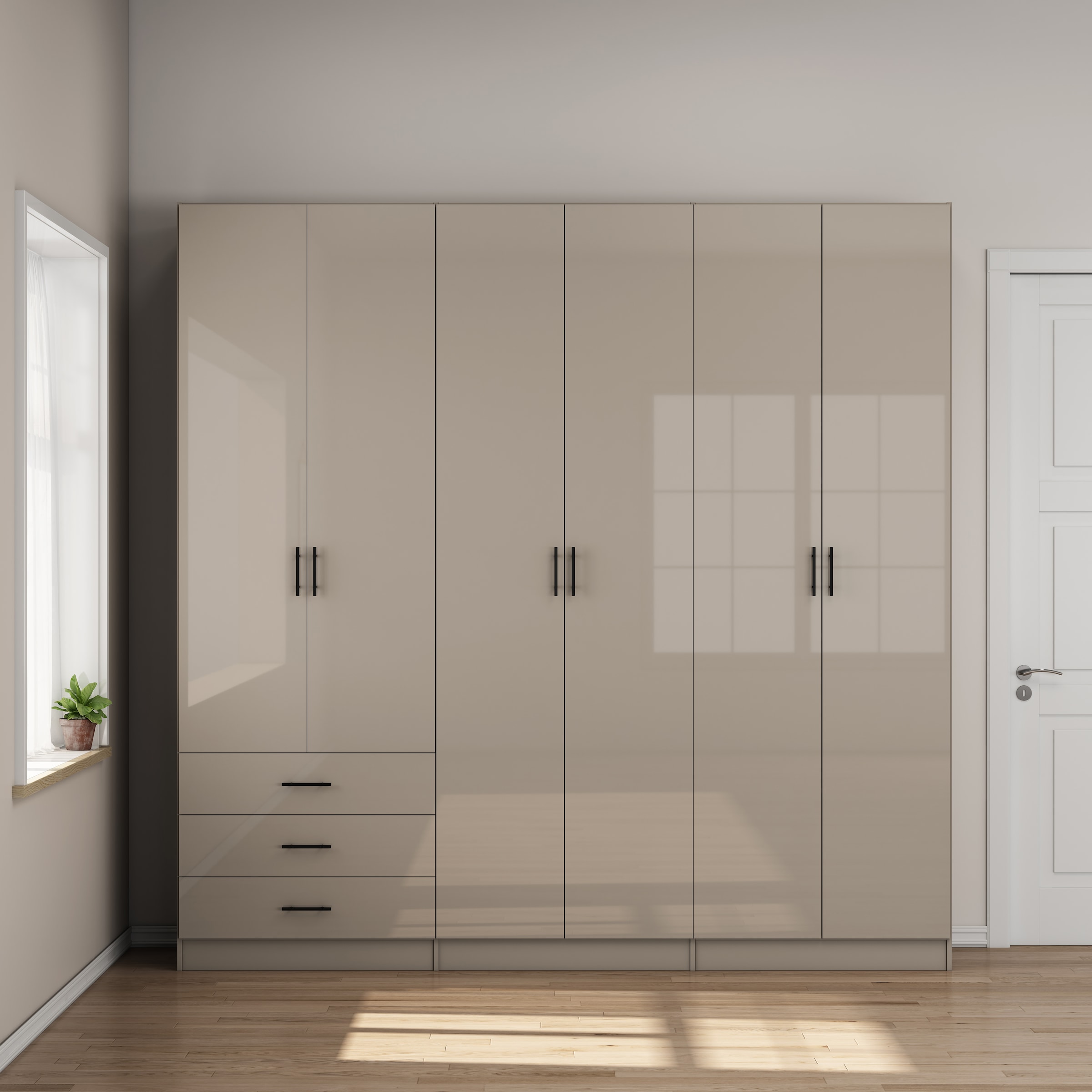 OTTO home Kleiderschrank »Trento Schlafzimmerschrank Garderobe hochglanz« in 2 unterschiedlichen Schrankhöhen wählbar,  Schrank mit 6 Türen und 3 Schubladen, hochglanz Fronten, Höhe 2,39m