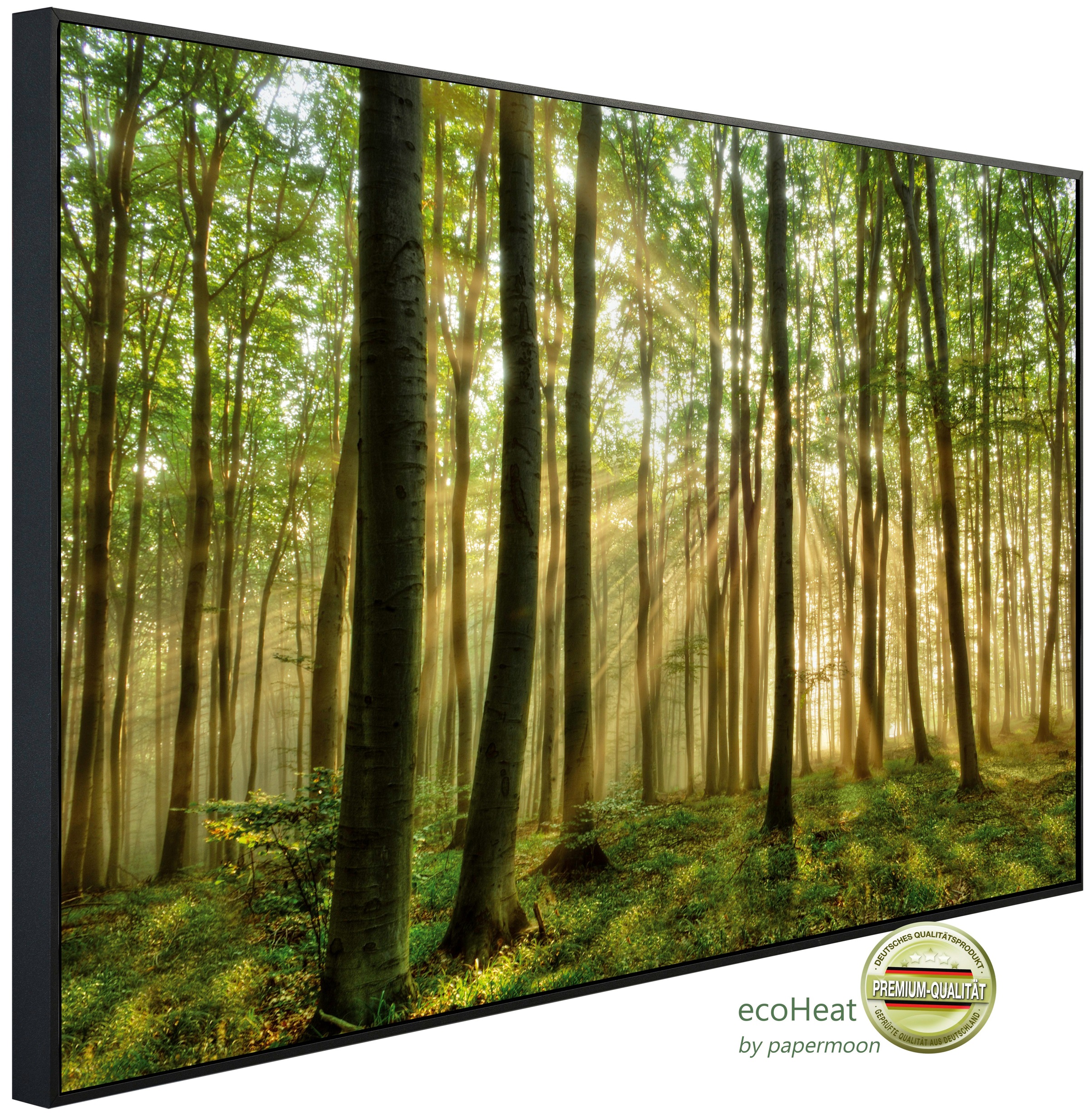 Papermoon Infrarotheizung »EcoHeat - Wald Morgensonne«, Aluminium, 900 W, 60x120 cm, mit Rahmen, energiesparendes Heizen für angenehme, gesunde und gleichmäßige Wärme