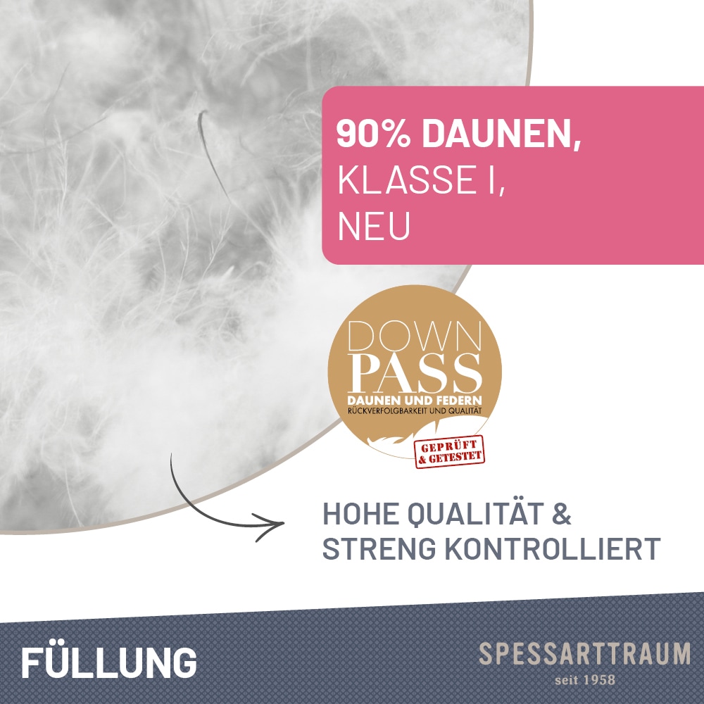 SPESSARTTRAUM Daunenbettdecke »First Class«, normal, Füllung 90% Daunen / 10% Federn, Klasse 1, Downpass zertifiziert, Bezug 100% Baumwolle, Made in Green, Hausstauballergiker geeignet, (1 St.), 5 Wärmeklassen & 6 Größen, Bestseller
