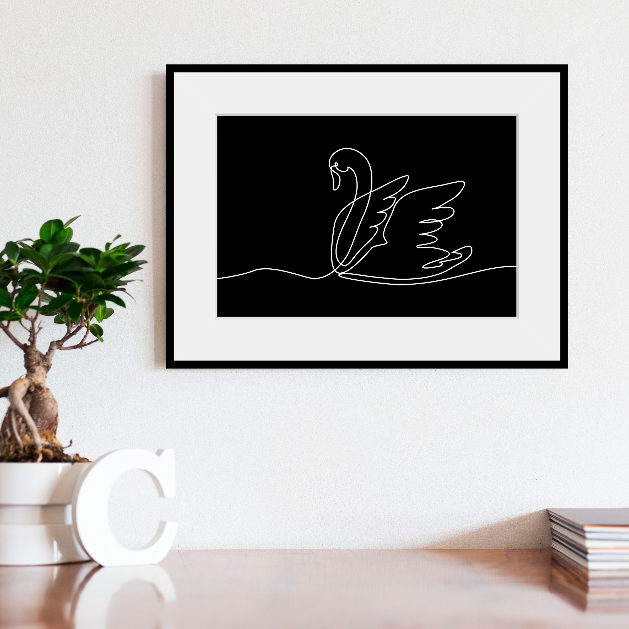 queence Bild »Picasso Schwan«, Schwarz-Weiß-Kunst-Modern-Schwanen Bilder, (1 St.), HD Premium Poster-Druck inkl. Holzrahmen