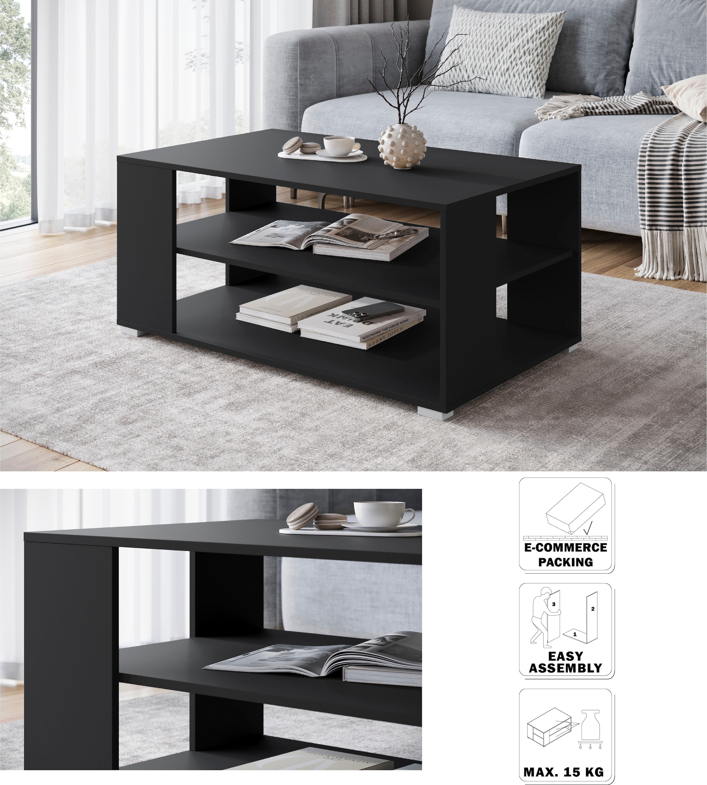 INOSIGN Couchtisch »Kenia«, (1 St.), Rechteckiger Kaffetisch, 100x66 cm, mit 2 Ablageböden