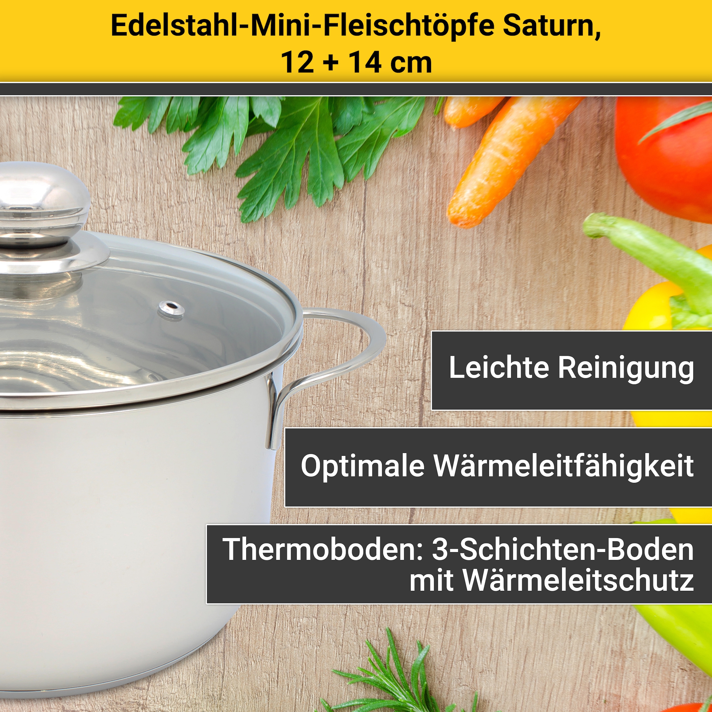 Krüger Topf-Set »Saturn«, Edelstahl, (Set, 2 tlg., 1x Fleischtopf Ø 12 cm, 1x Fleischtopf Ø 14 cm, je mit Deckel), für Induktions-Kochfelder geeignet