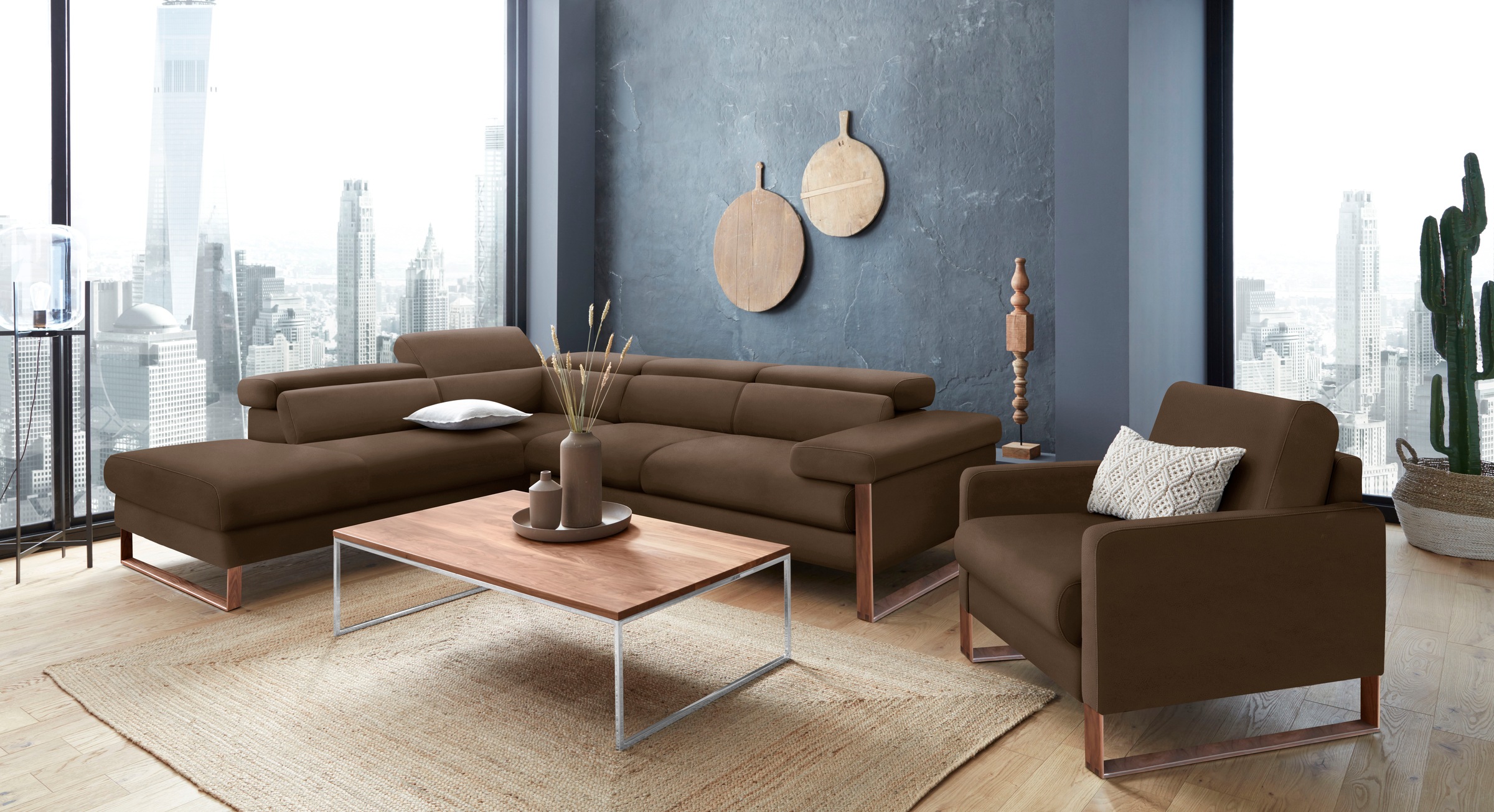 W.SCHILLIG Ecksofa »finn, Designsofa mit tollem Sitzkomfort, bequem, L-Form«, German Design Award 2016, Fußgestell Nussbaum natur, Breite 281 cm