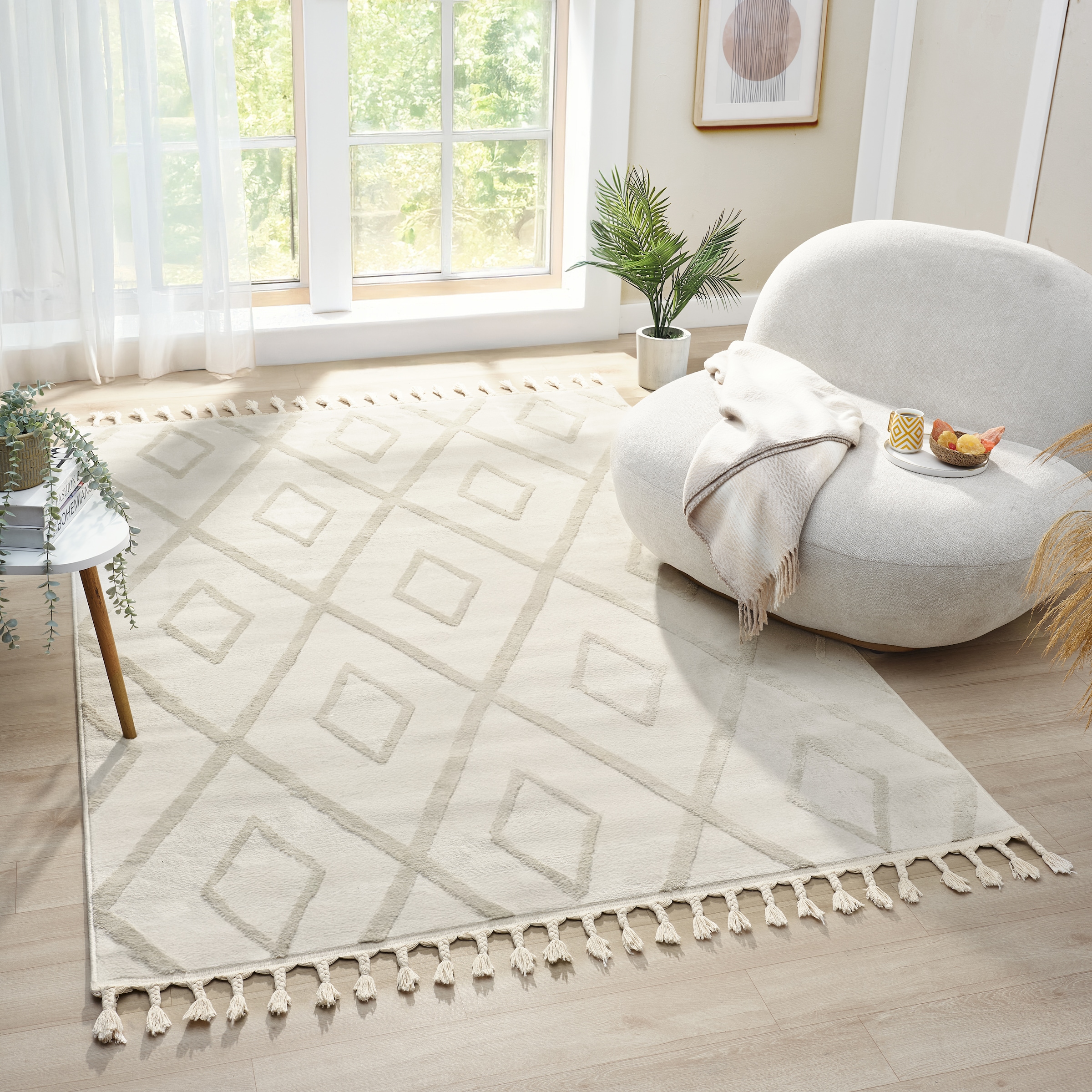 my home Teppich »Otilie« rechteckig 11 mm Höhe dichte Qualität, Woll-Look, Boho, mit Fransen und Rauten, Scandi