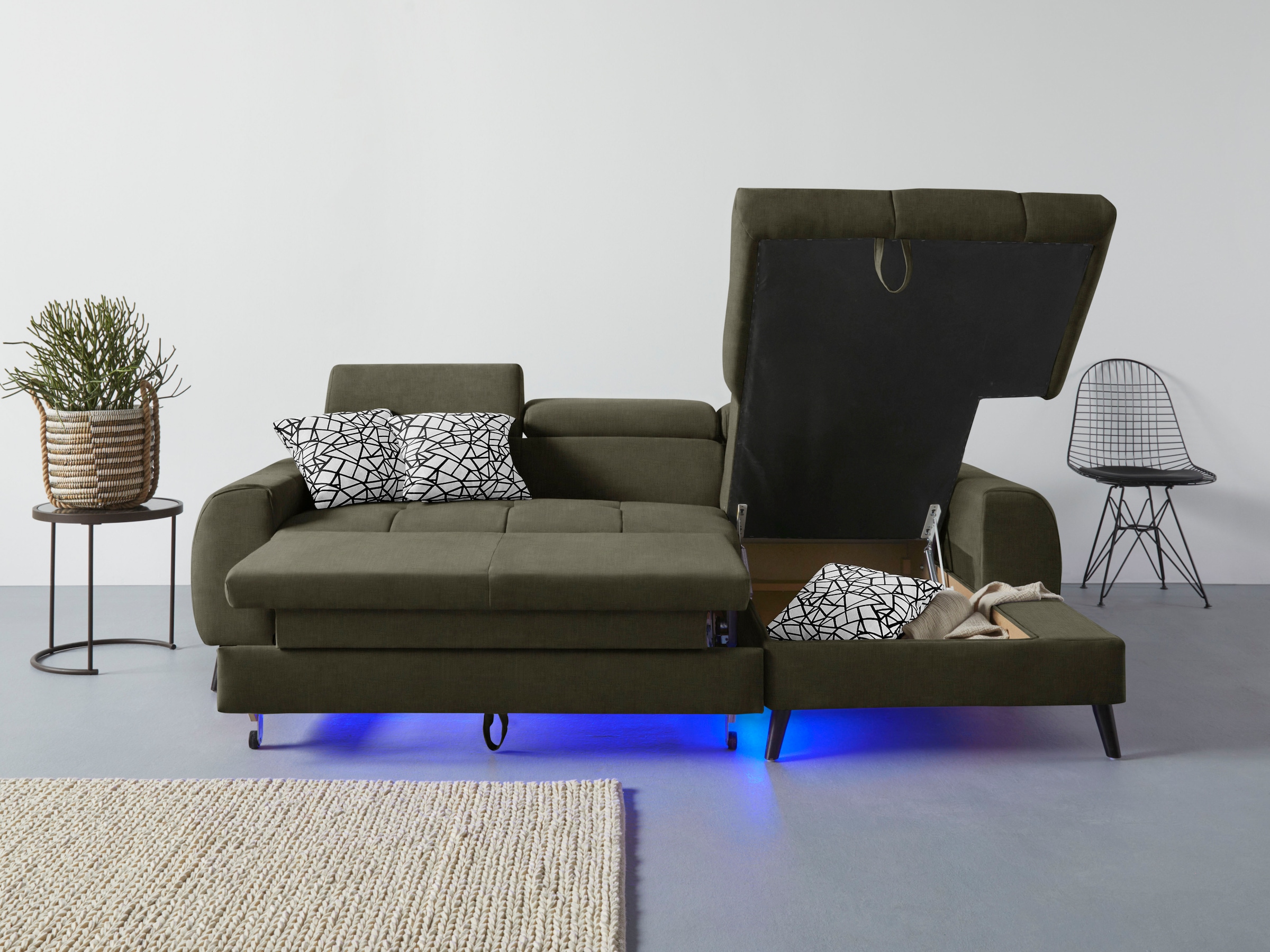 COTTA Ecksofa »Mia L-Form mit 3 Zierkissen«, wahlweise mit Bettfunktion, Bettkasten, Beleuchtung & Wireless-Charger