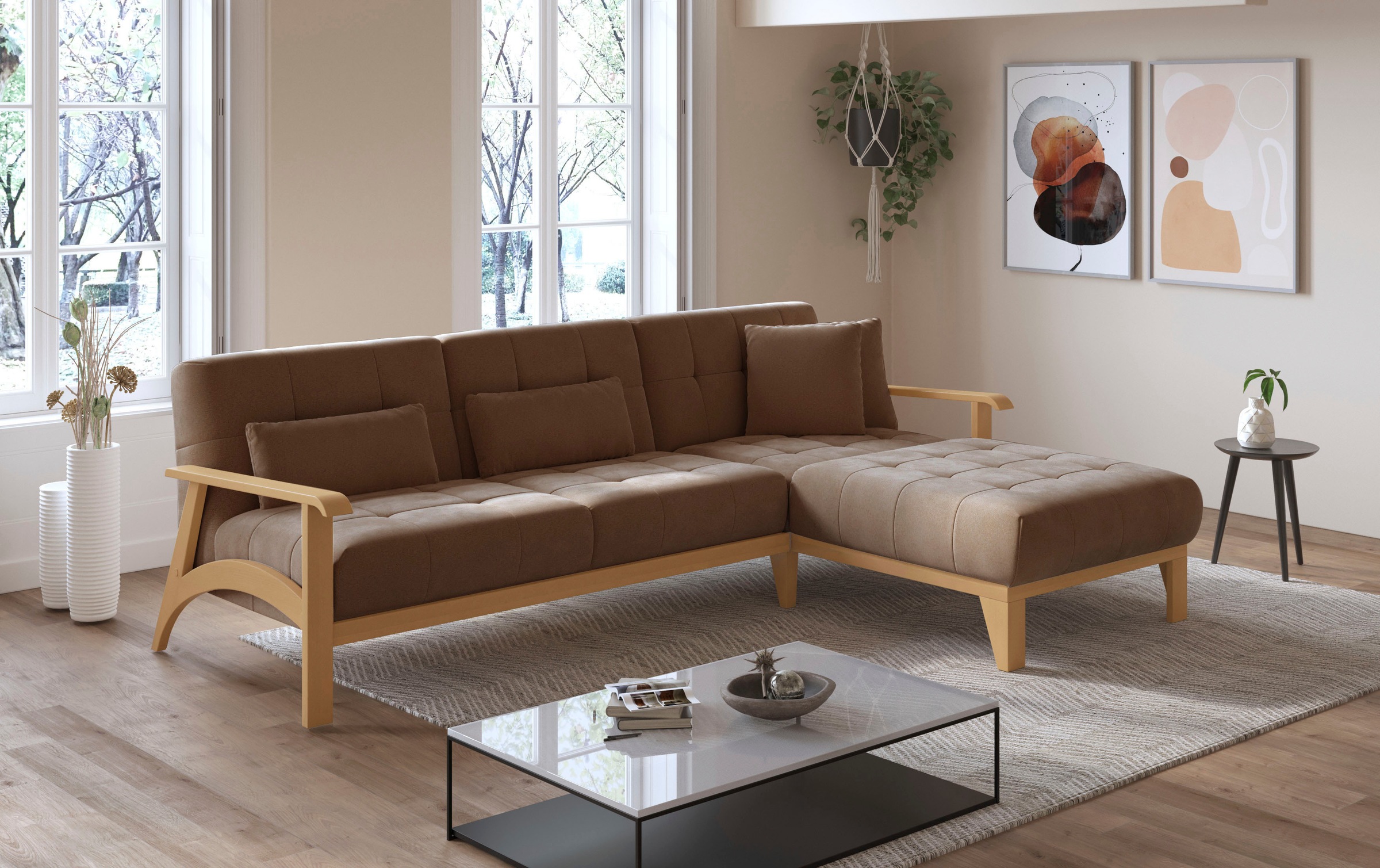 sit&more Ecksofa »Billund L-Form«, Armlehnen aus eichefarbigem Buchenholz, verschiedene Bezüge und Farben
