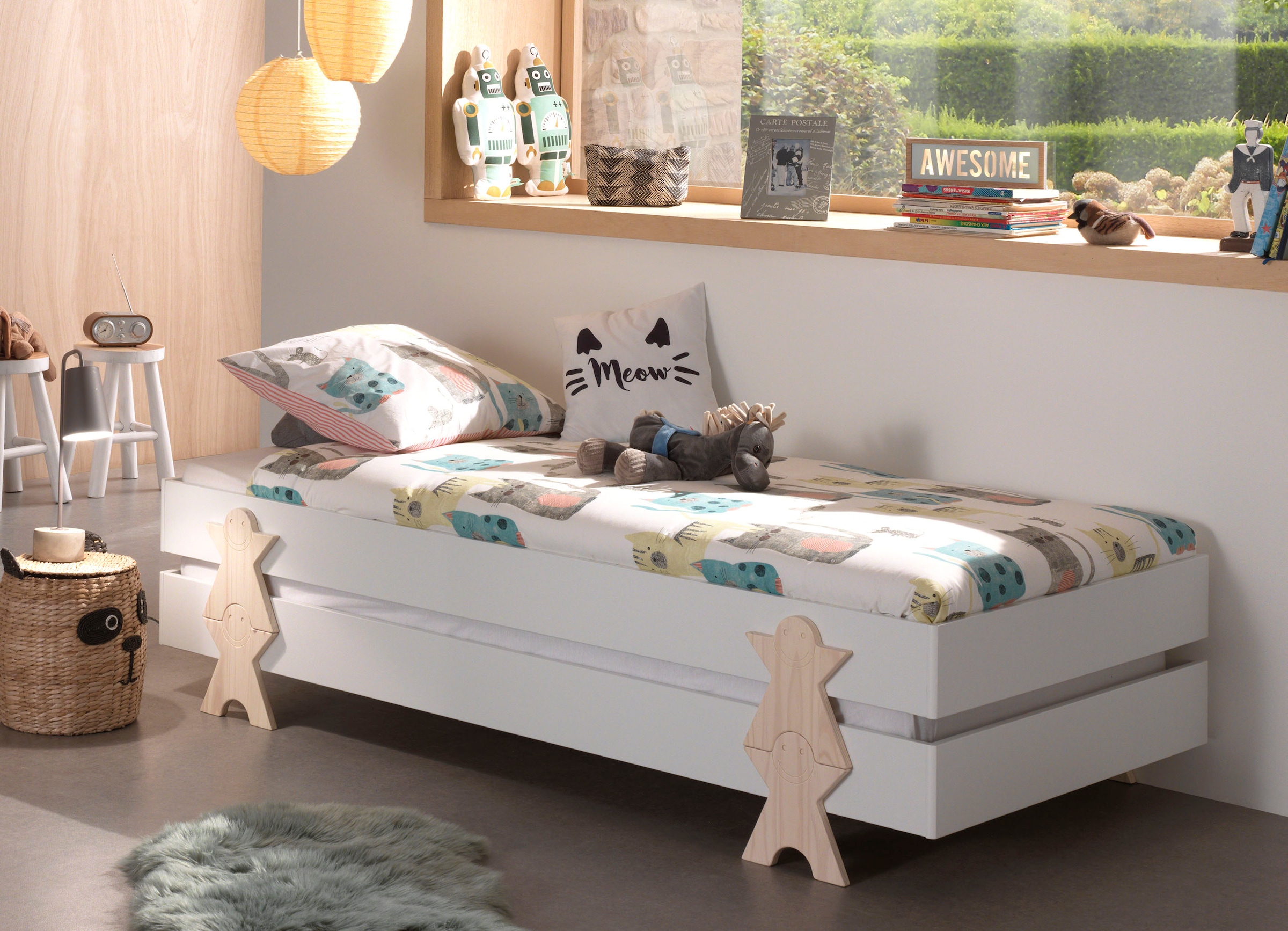 Vipack Kinderbett »Modulo, stapelbares Einzelbett, inkl. Rolllattenrost, 2 Farben«, (B/H/T ca. 203,6x93,8x48cm, Fuß Smile massiv, Bettseiten MDF lackiert), Liegefläche 90/200 cm, einzeln oder als 2-er Set erhältlich