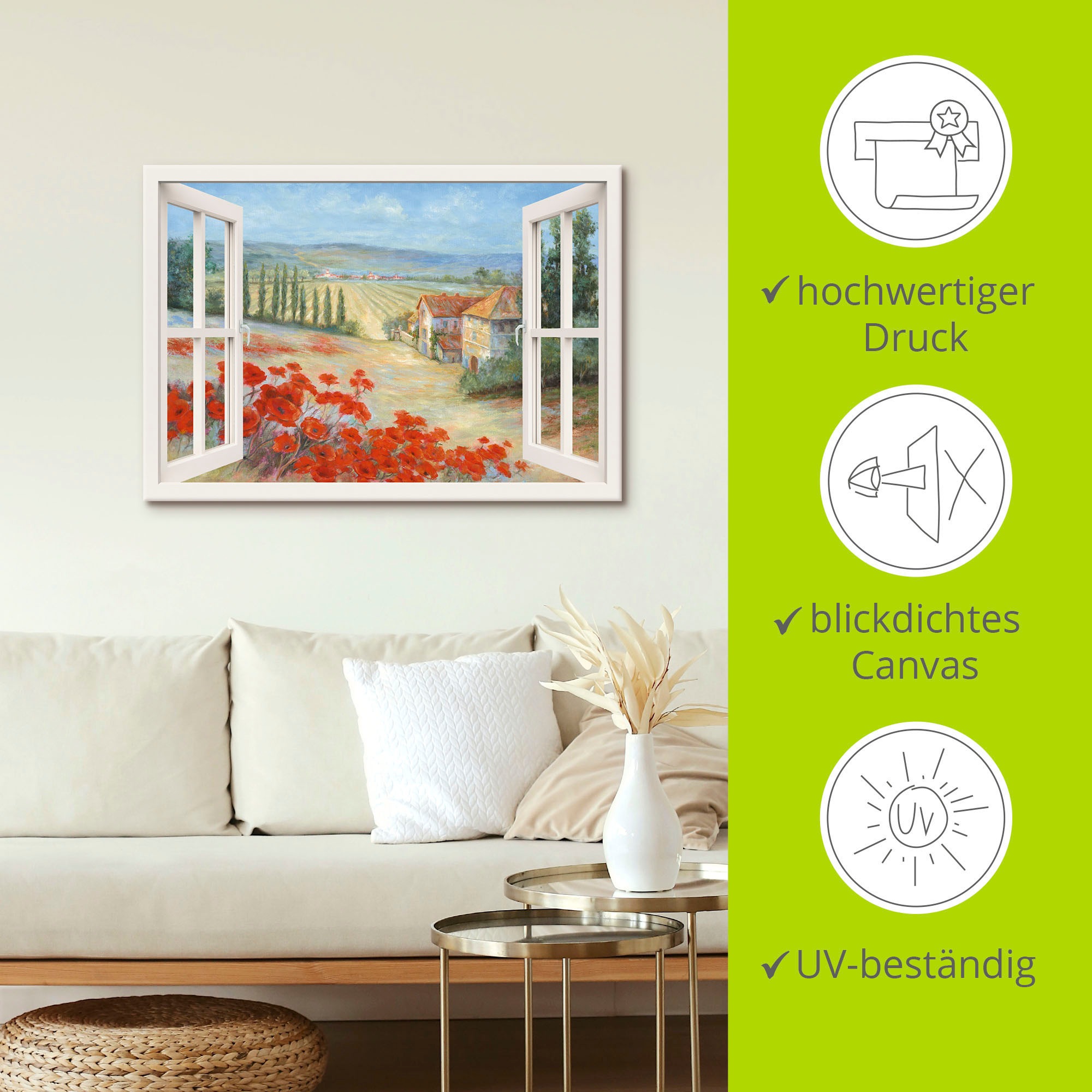 Artland Leinwandbild »Mohnlandschaft«, Fensterblick, (1 St.), auf Keilrahmen gespannt
