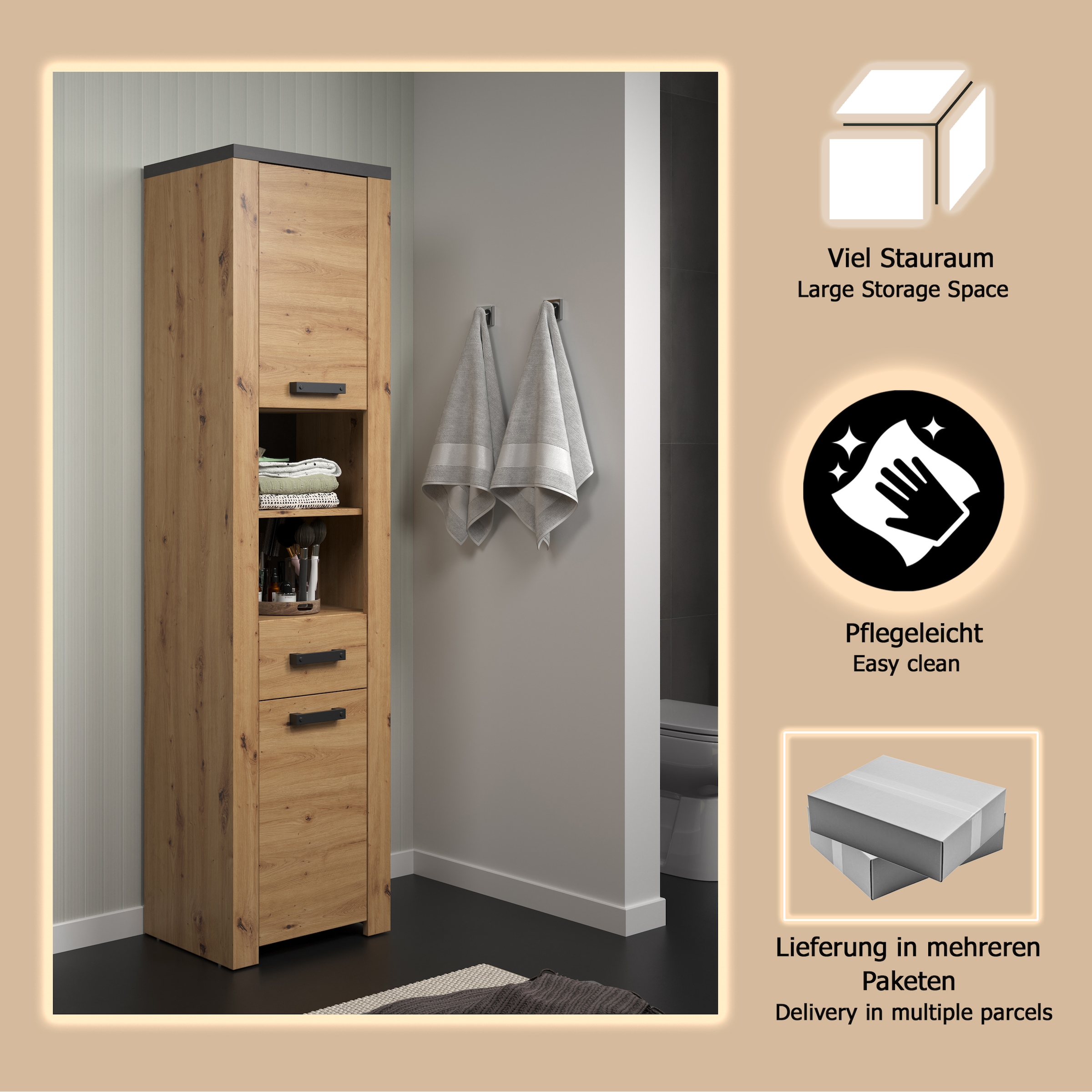 welltime Hochschrank »Ambres«, (1 St.), Hochschrank mit Soft-Close Funktion - (B/T/H) 53/35/196 cm