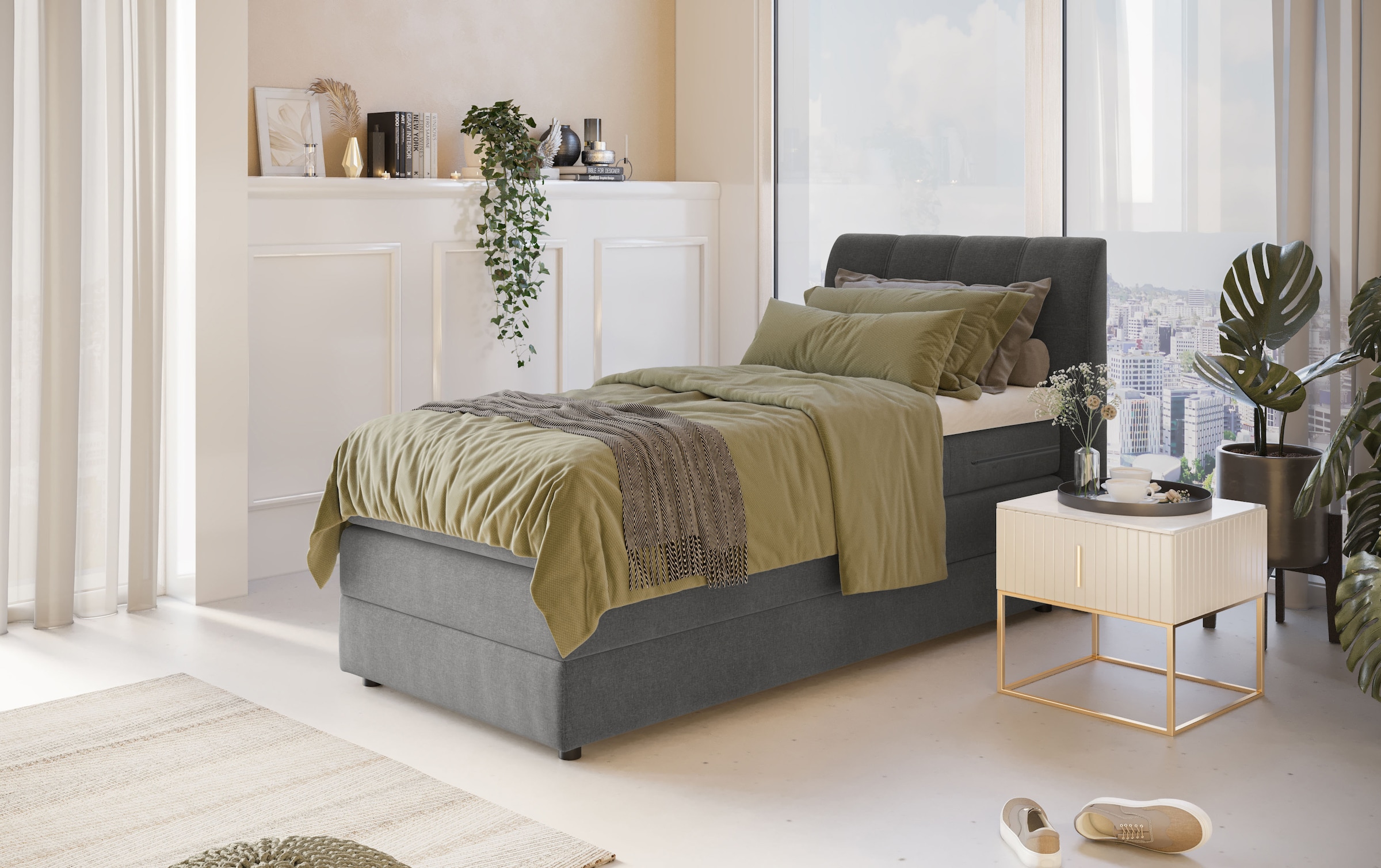 Home affaire Boxspringbett »FINJA mit Bettkasten, inkl. Bonnellfederkern-Matratze H3« besonders komfortable Liegehöhe, mit praktischem Bettkasten