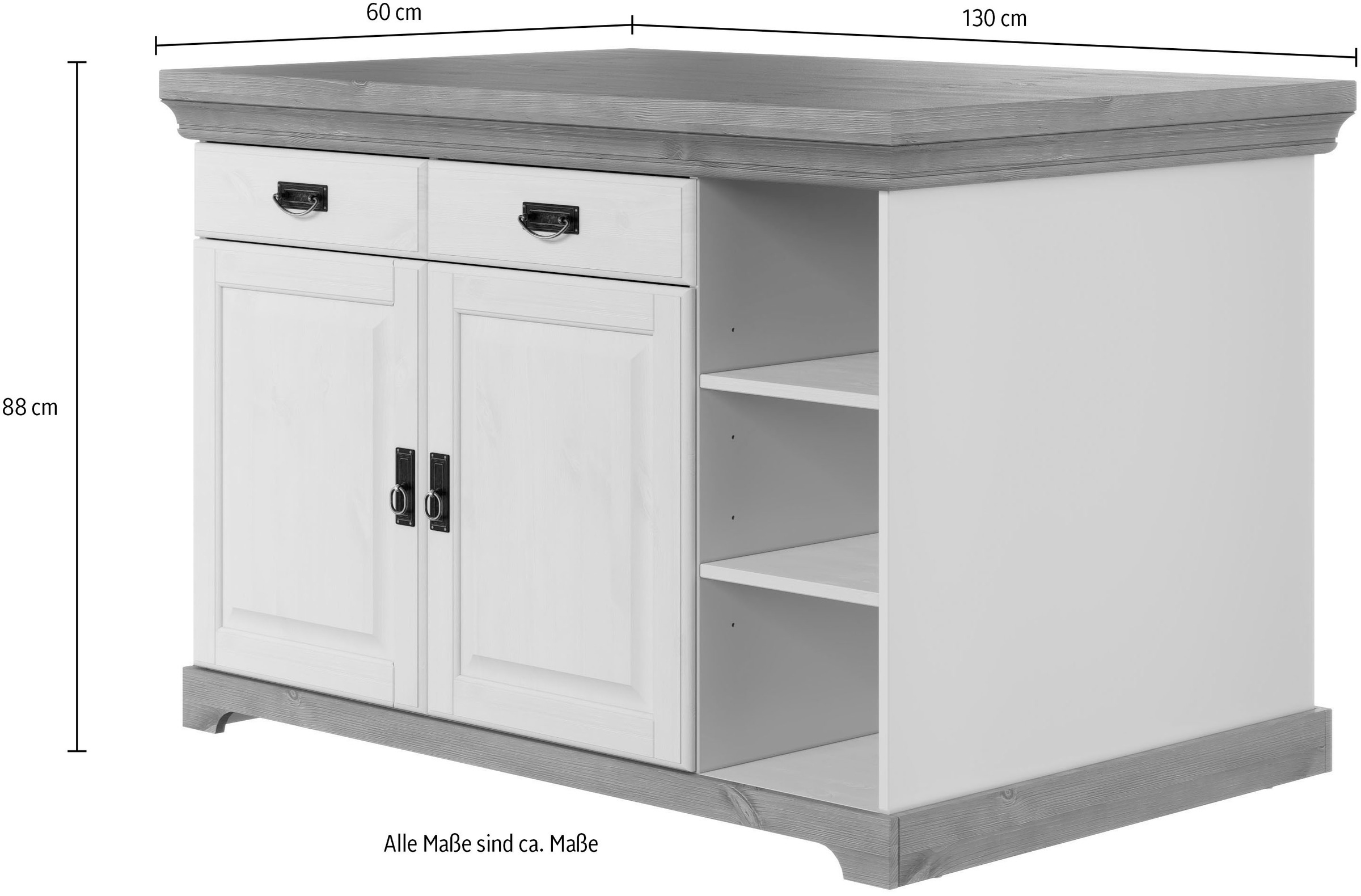 Home affaire Kücheninsel »Rügen« Breite 130 cm, Kiefer massiv, mit Türen, Schubkästen, offenen Fächern