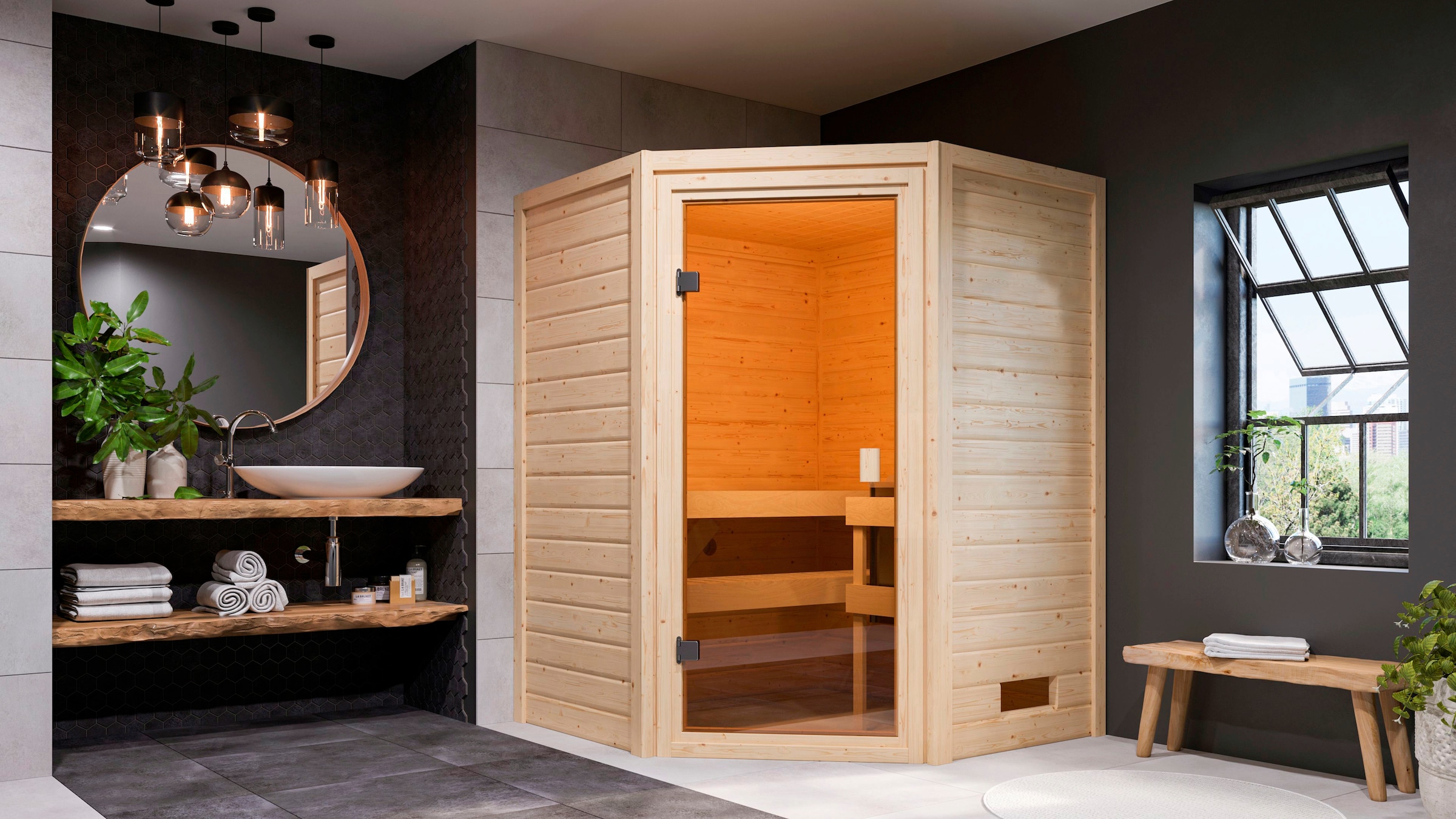 welltime Sauna »Anni«, 3,6-kW-Plug & Play Ofen mit int. Steuerung