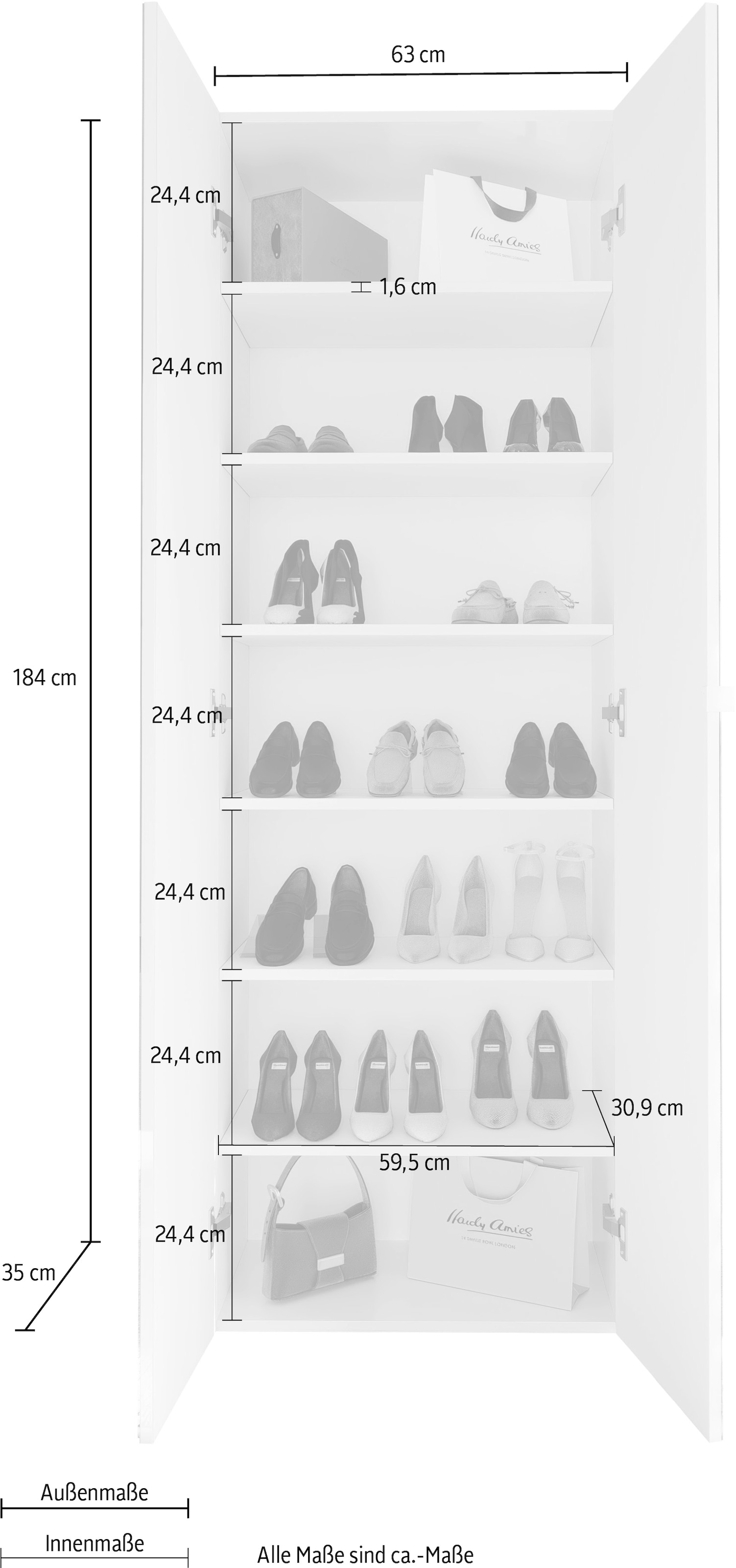 INOSIGN Schuhschrank »SMILE Höhe 184 cm, Weiß Hochglanz lackiert mit 2 Spiegeltüren,«, Schuhregal mit 7 Ebenen, Metallgriff, viel Stauraum, 4 Böden variabel