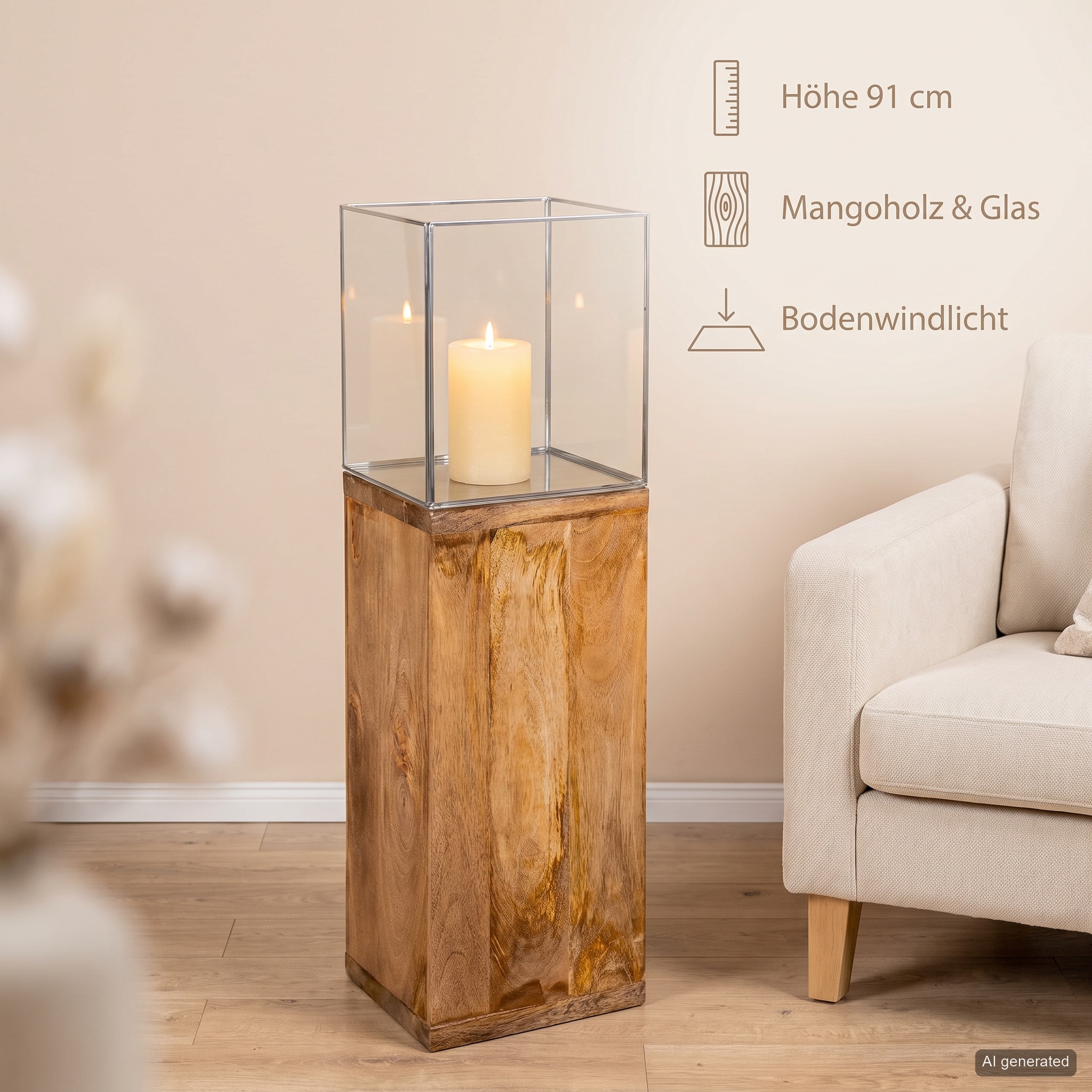 GILDE Bodenwindlicht »Windlicht, Kerzenhalter Säule, 91.26x26cm, Geschenkidee« aus massivem, geöltem Mangoholz, inklusive Glasaufsatz