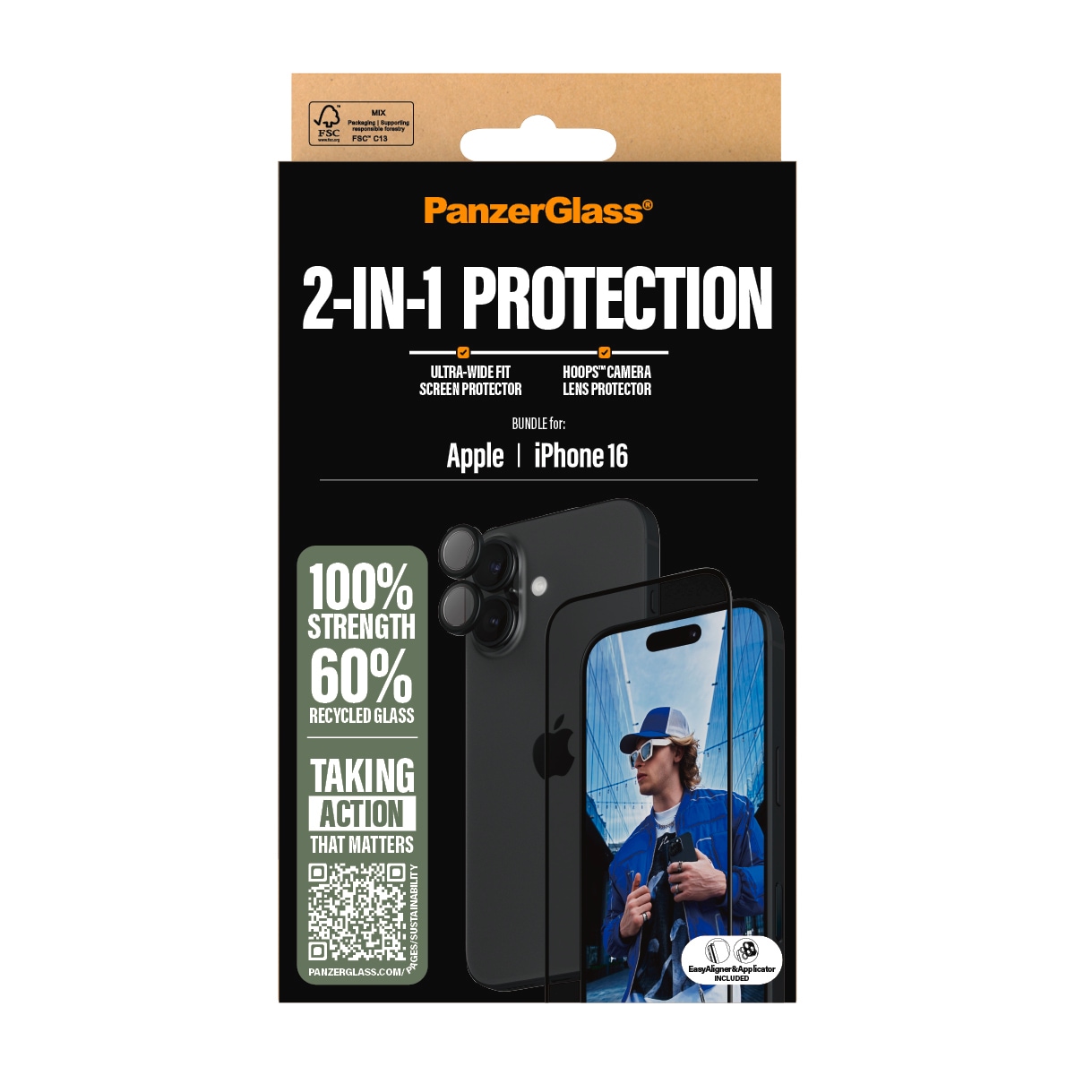 PanzerGlass Displayschutzglas »2-in-1 Protection, Glass, Lens Protector«, für Apple iPhone 16, Displayschutzfolie, Schutzfolie, Bildschirmschutz, kratz- & stoßfest