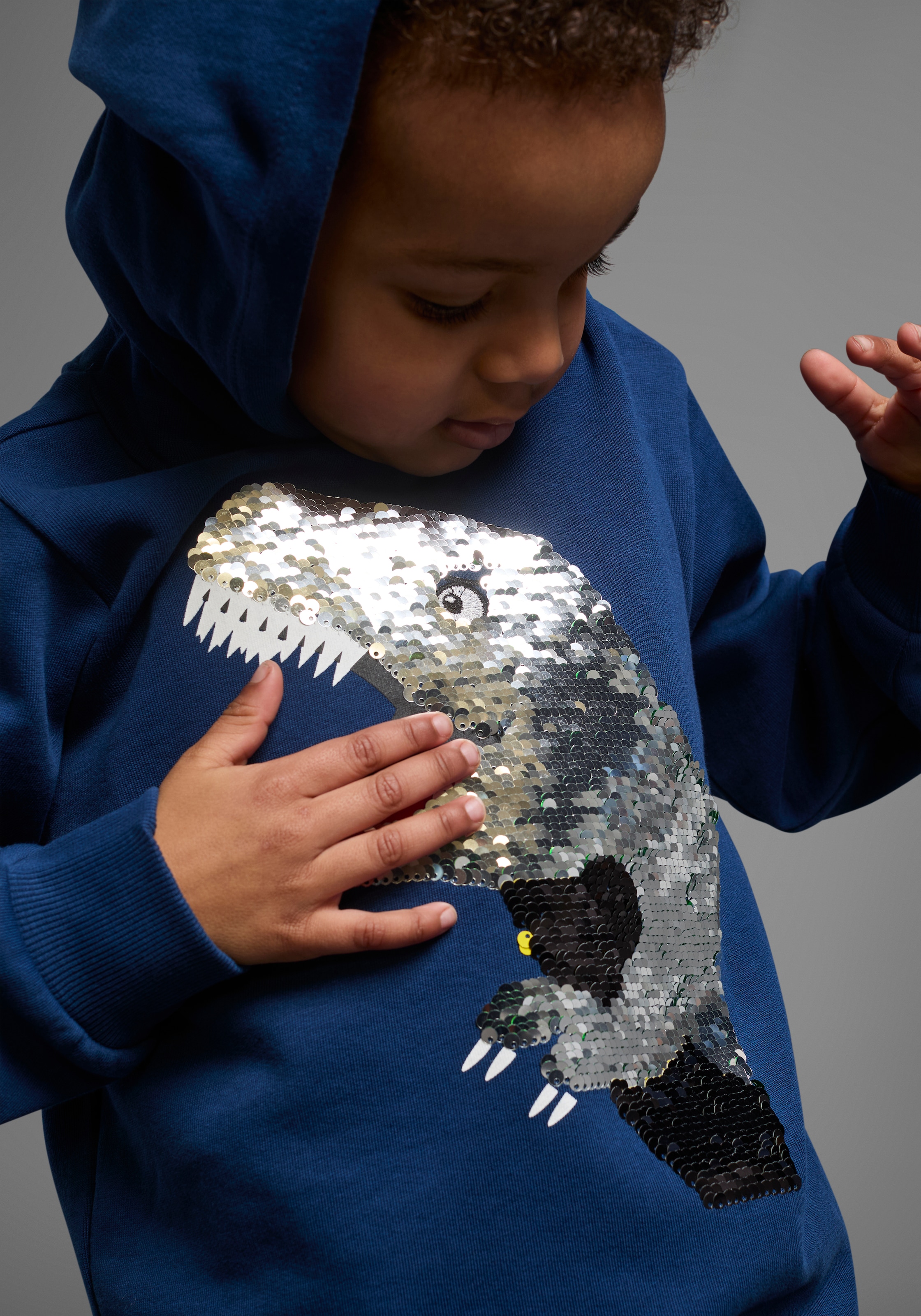 KIDSWORLD Kapuzensweatshirt »mit tollem Dino aus Wendepailletten«, Langarm, Basic-Passform, bedruckt, aus Baumwolle