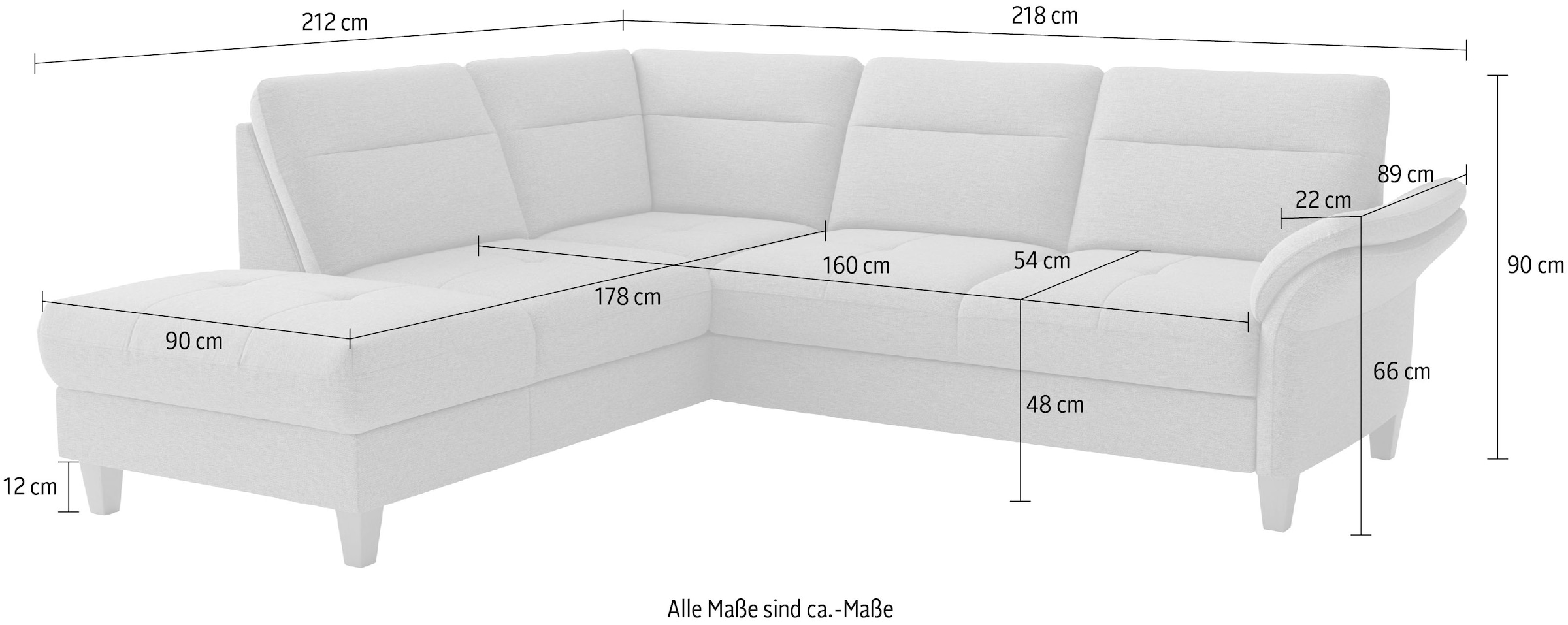sit&more »Pamela L-Form, B: 218 cm, optional Schlaffunktion & Bettkasten« wahlweise mit Armteilverstellung, Sofa mit Federkern, Sitzhöhe: 48 cm